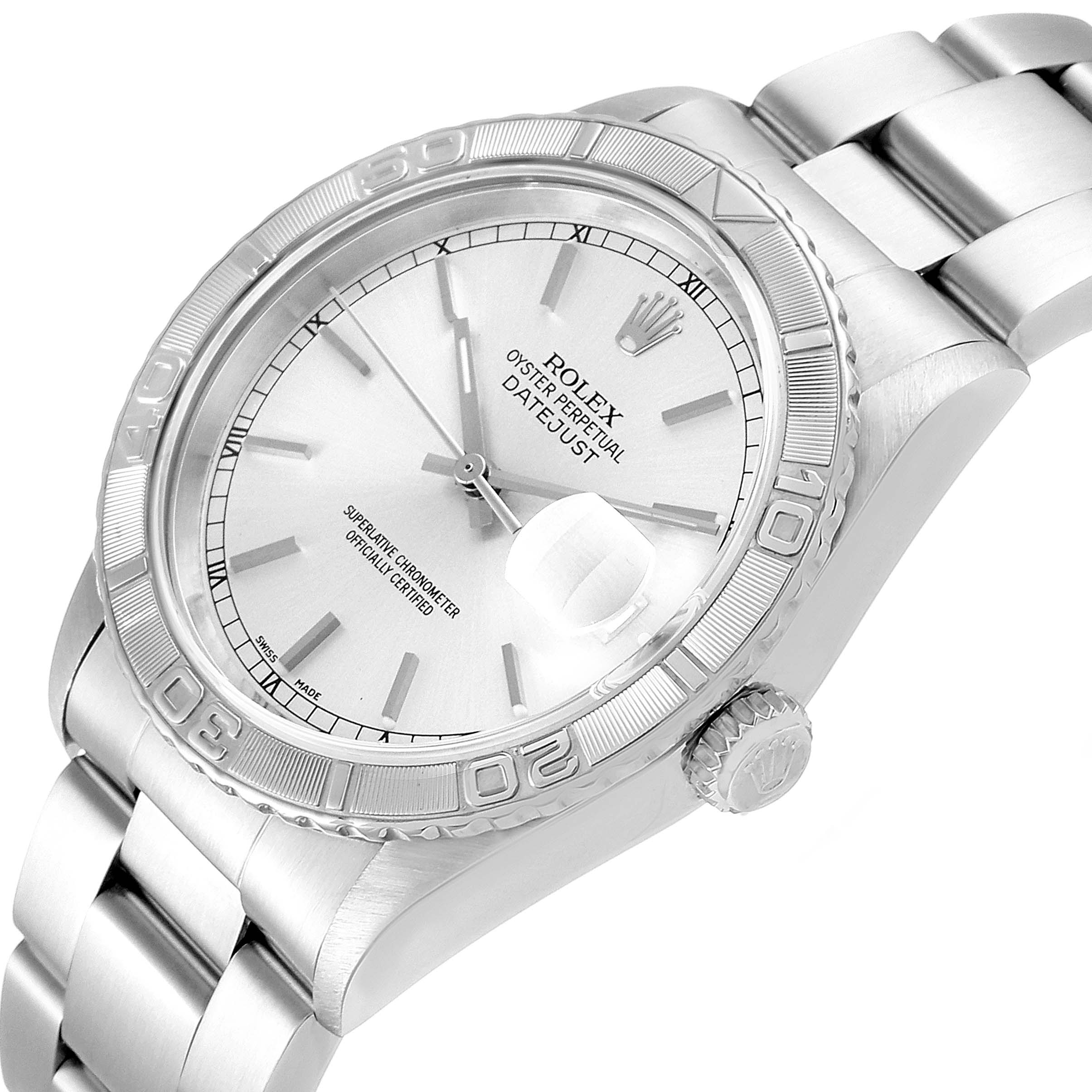 The image shows a Rolex Turn-o-Graph 16264 Men
s Stainless Steel Silver Dial 16264 Men
s Stainless Steel Silver Dial model watch at an angled view, highlighting its bezel, dial, bracelet, and crown.
