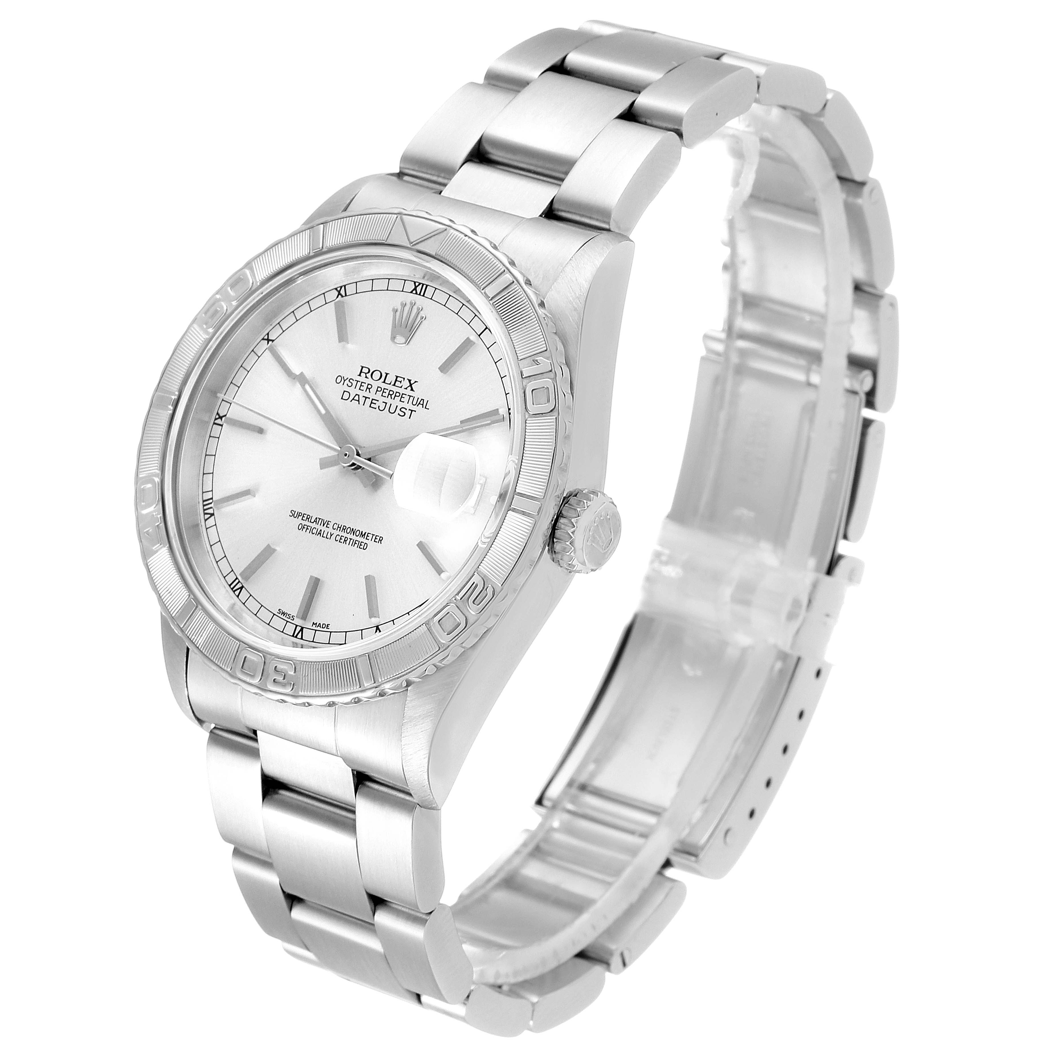 The image shows a side angle view of a Rolex Turn-o-Graph 16264 Men
s Stainless Steel Silver Dial 16264 Men
s Stainless Steel Silver Dial watch, featuring the bezel, dial, crown, and bracelet.