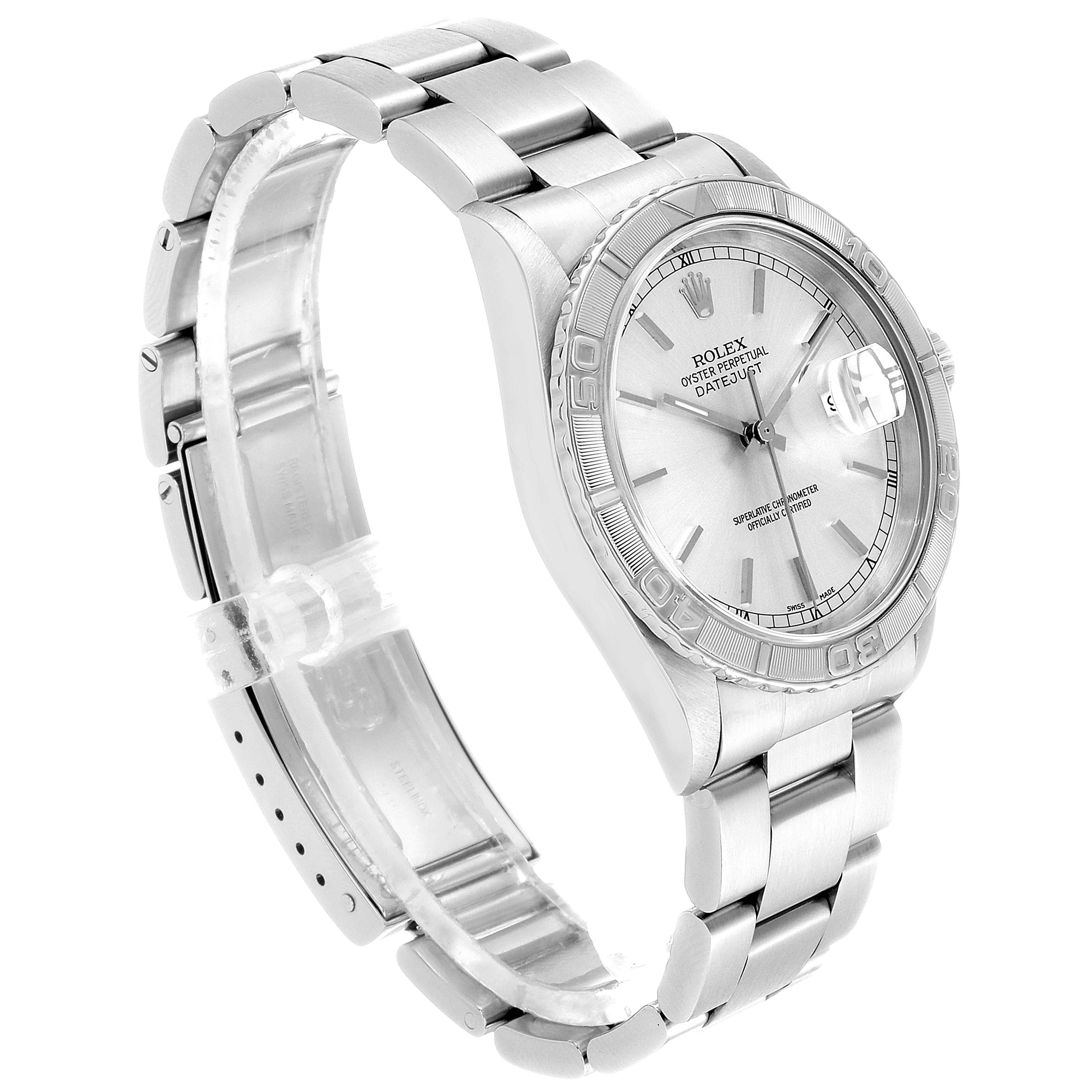The Rolex Turn-o-Graph 16264 Men
s Stainless Steel Silver Dial 16264 Men
s Stainless Steel Silver Dial watch is shown at an angle, highlighting its face, bezel, and bracelet.