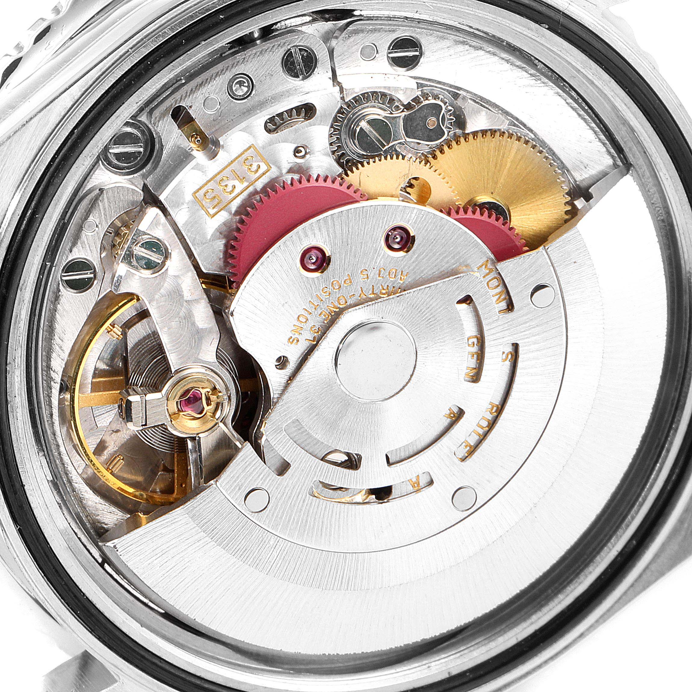 The image shows a close-up of the Rolex Turn-o-Graph 16264 Men
s Stainless Steel Silver Dial 16264 Men
s Stainless Steel Silver Dial watch
s inner mechanical movement from an overhead angle.