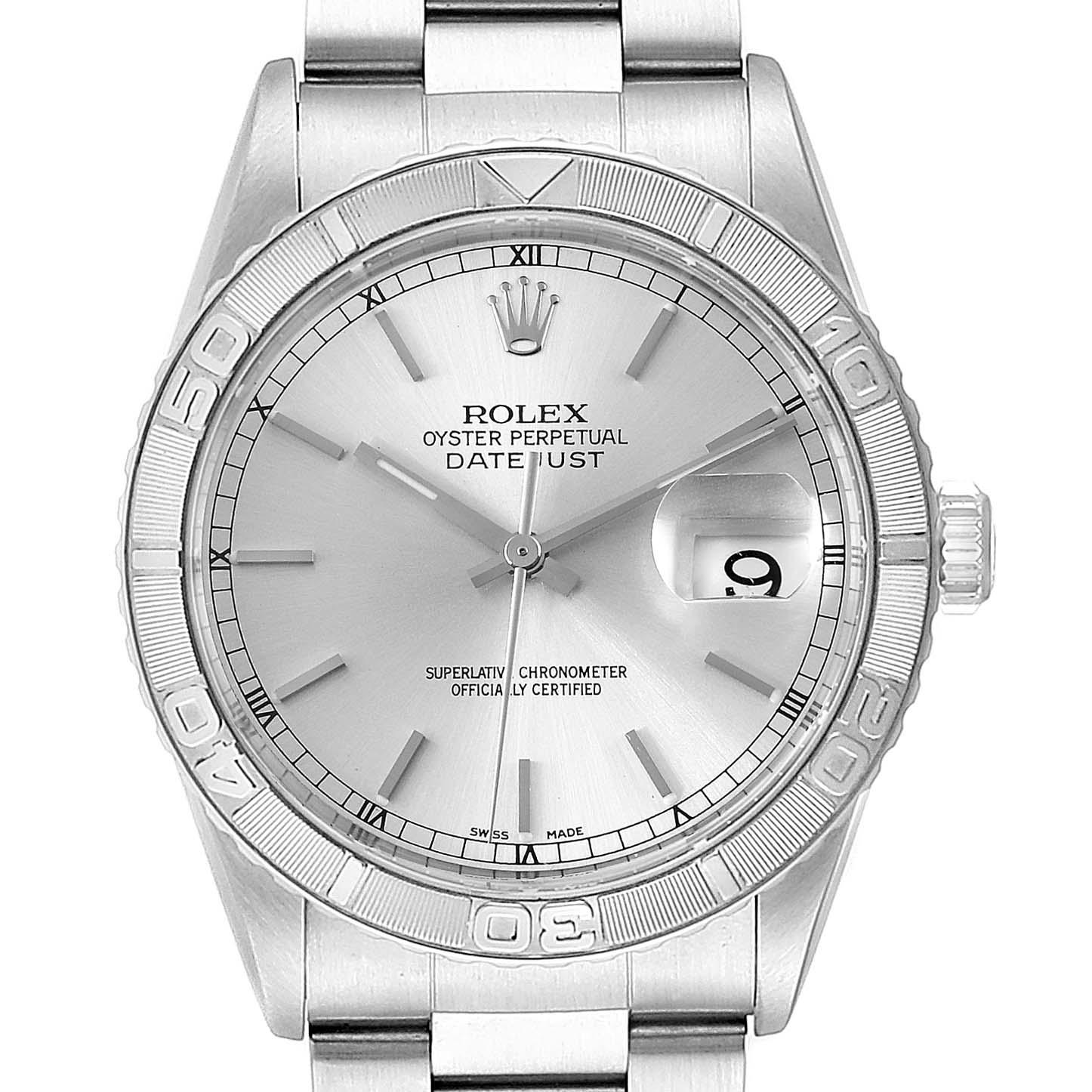 The Rolex Turn-o-Graph 16264 Men
s Stainless Steel Silver Dial 16264 Men
s Stainless Steel Silver Dial watch is shown from a front angle, displaying its dial, bezel, and part of the bracelet.