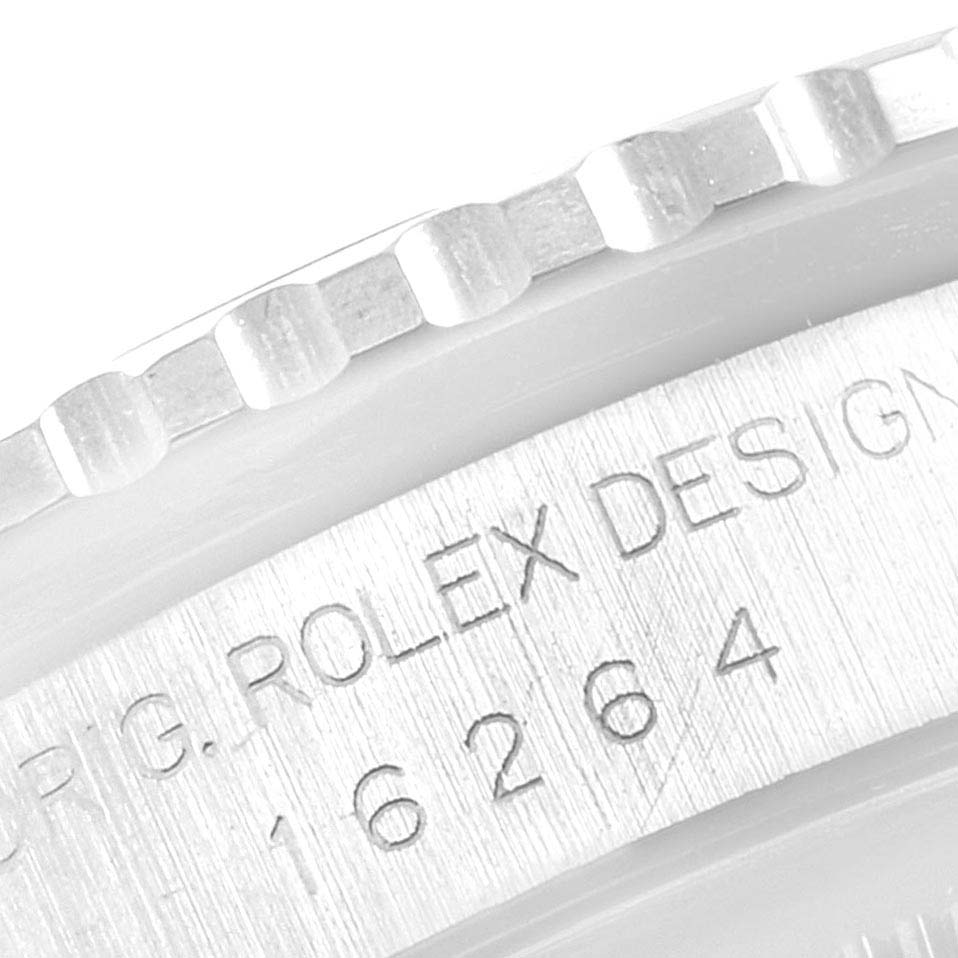 This close-up image shows the bezel and case engraving of the Rolex Turn-o-Graph 16264 Men
s Stainless Steel Silver Dial 16264 Men
s Stainless Steel Silver Dial model.
