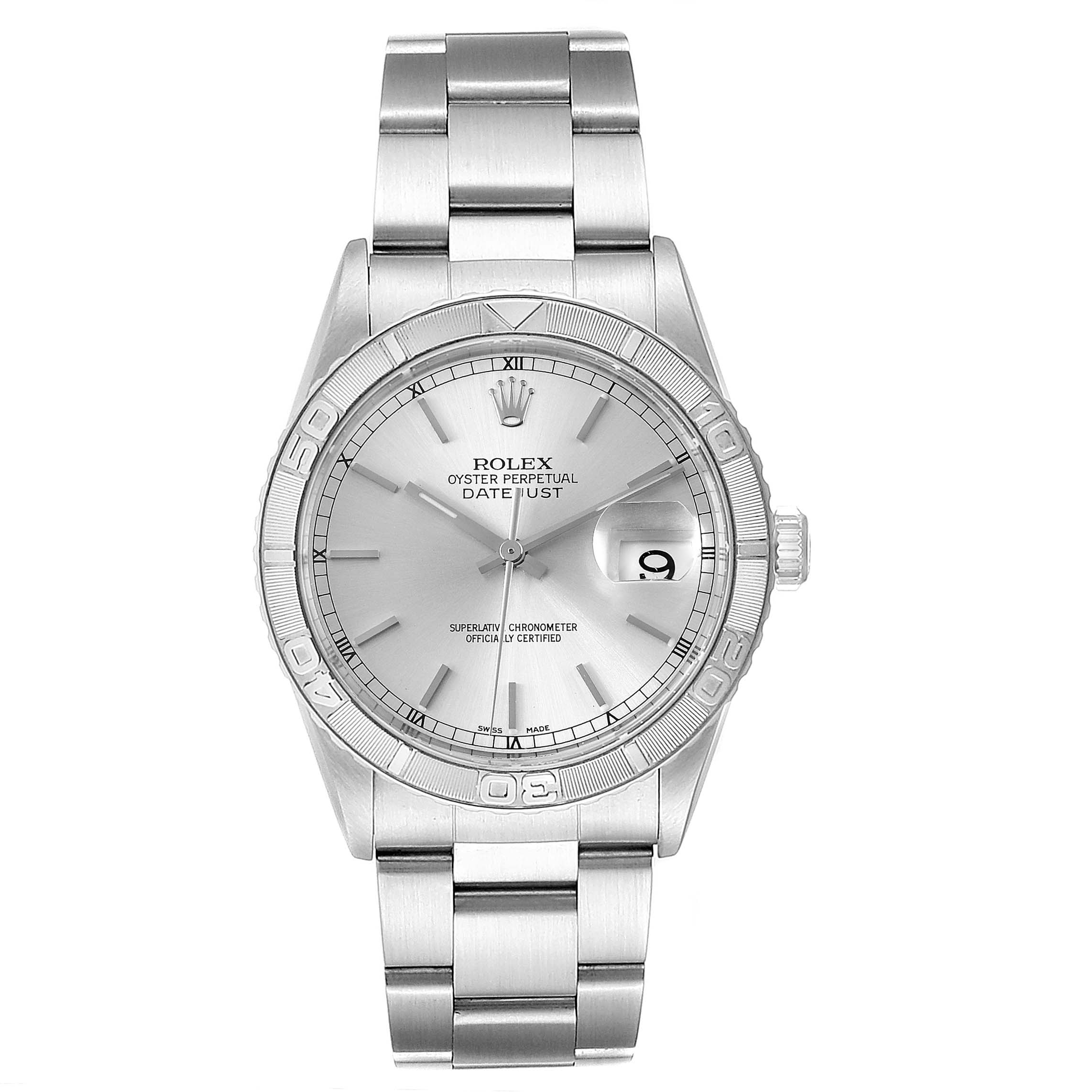 This image shows a front view of the Rolex Turn-o-Graph 16264 Men
s Stainless Steel Silver Dial 16264 Men
s Stainless Steel Silver Dial watch, displaying the dial, bezel, and bracelet.