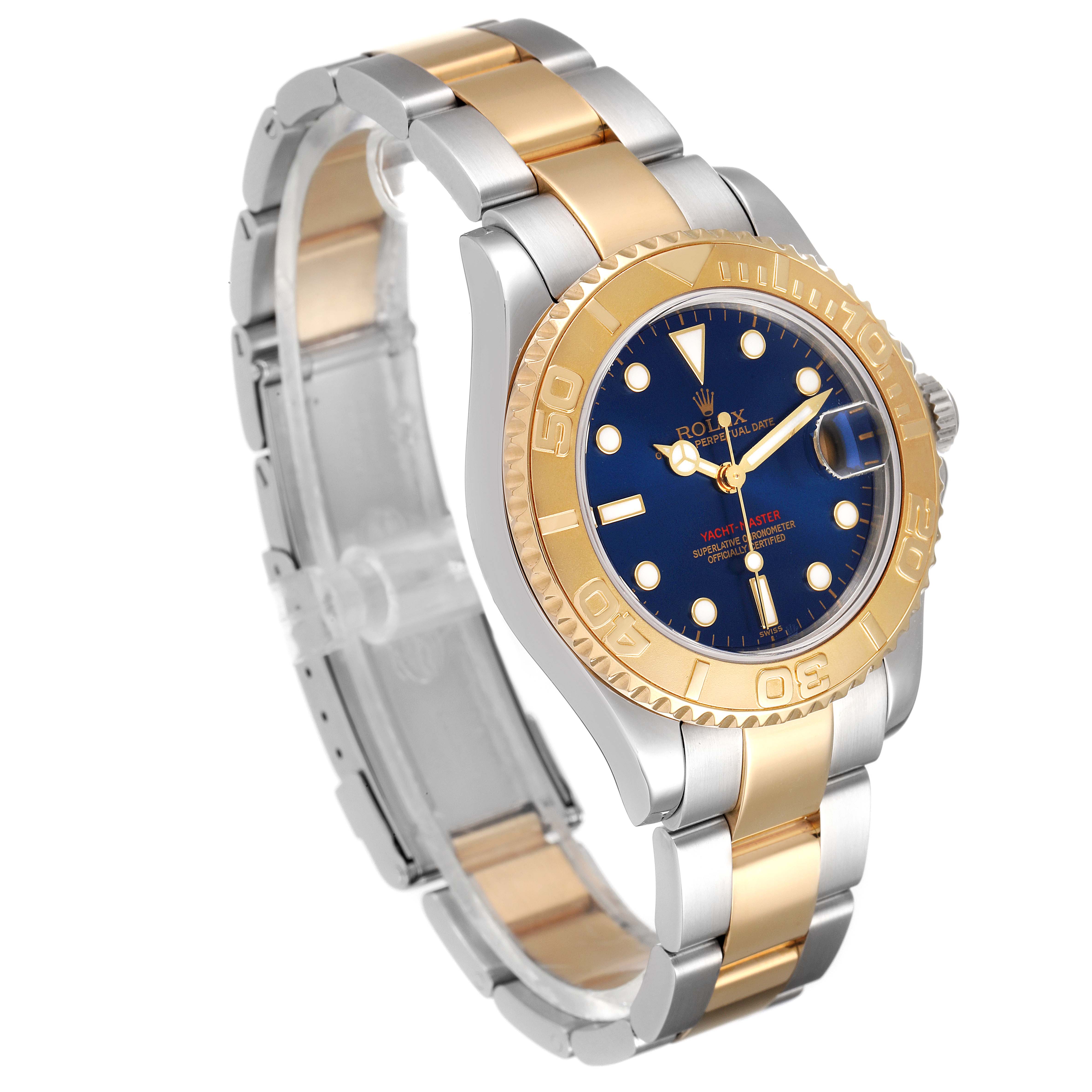 The Rolex Yacht-Master 168623 Women's Steel and Gold (two tone) Blue Dial 168623 Women's Steel and Gold (two tone) Blue Dial watch is shown at an angled view, displaying its gold bezel, blue dial, and two-tone bracelet.