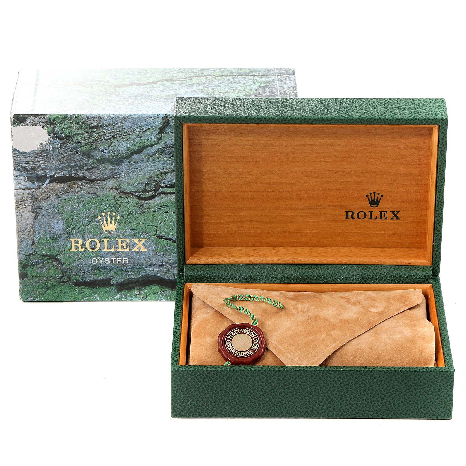The image shows the box and packaging for the Rolex Yacht-Master 168623 Women's Steel and Gold (two tone) Blue Dial 168623 Women's Steel and Gold (two tone) Blue Dial watch, including the outer and inner boxes and a suede pouch with a tag.