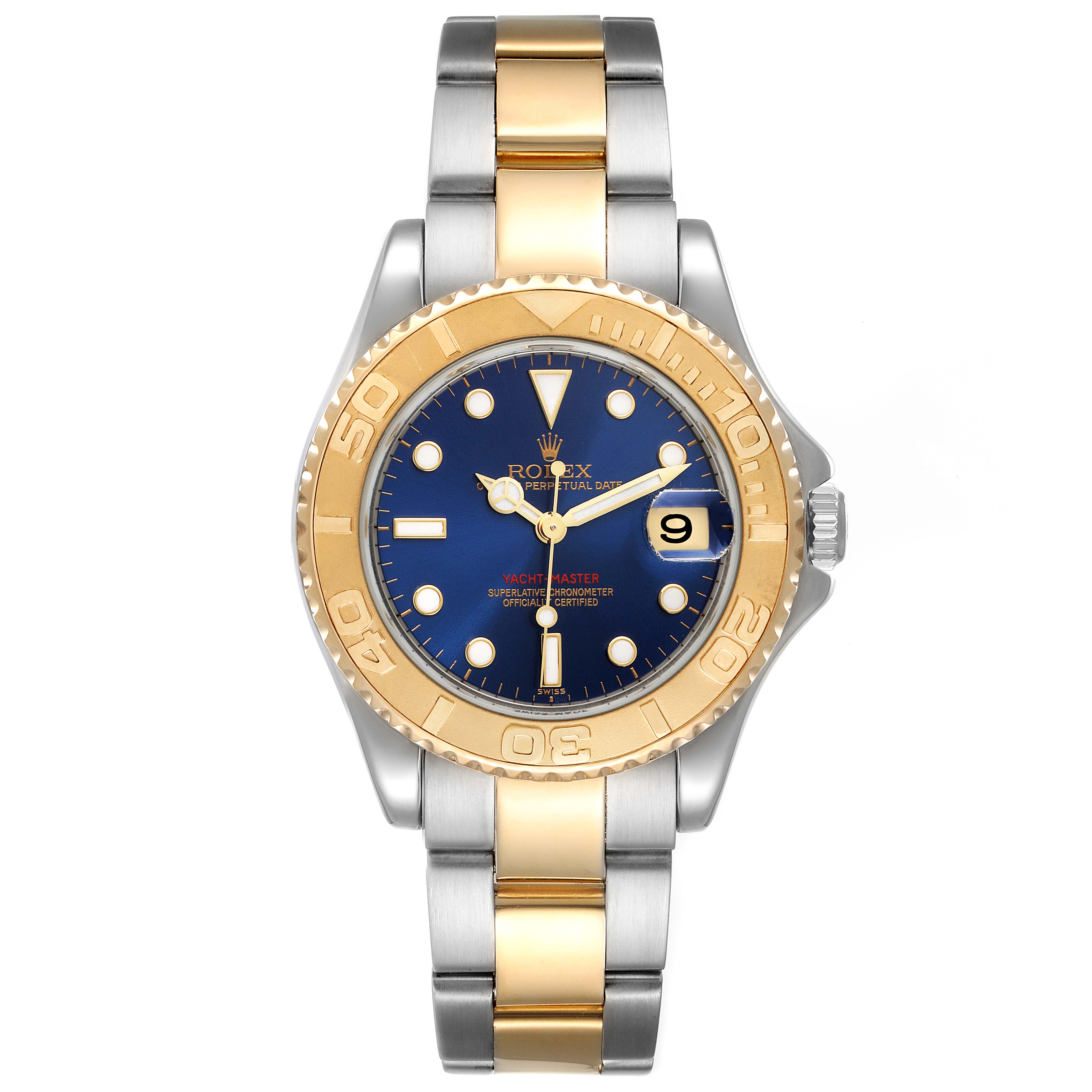 This image shows a front view of a Rolex Yacht-Master 168623 Women's Steel and Gold (two tone) Blue Dial 168623 Women's Steel and Gold (two tone) Blue Dial watch, highlighting its face, bezel, and bracelet.