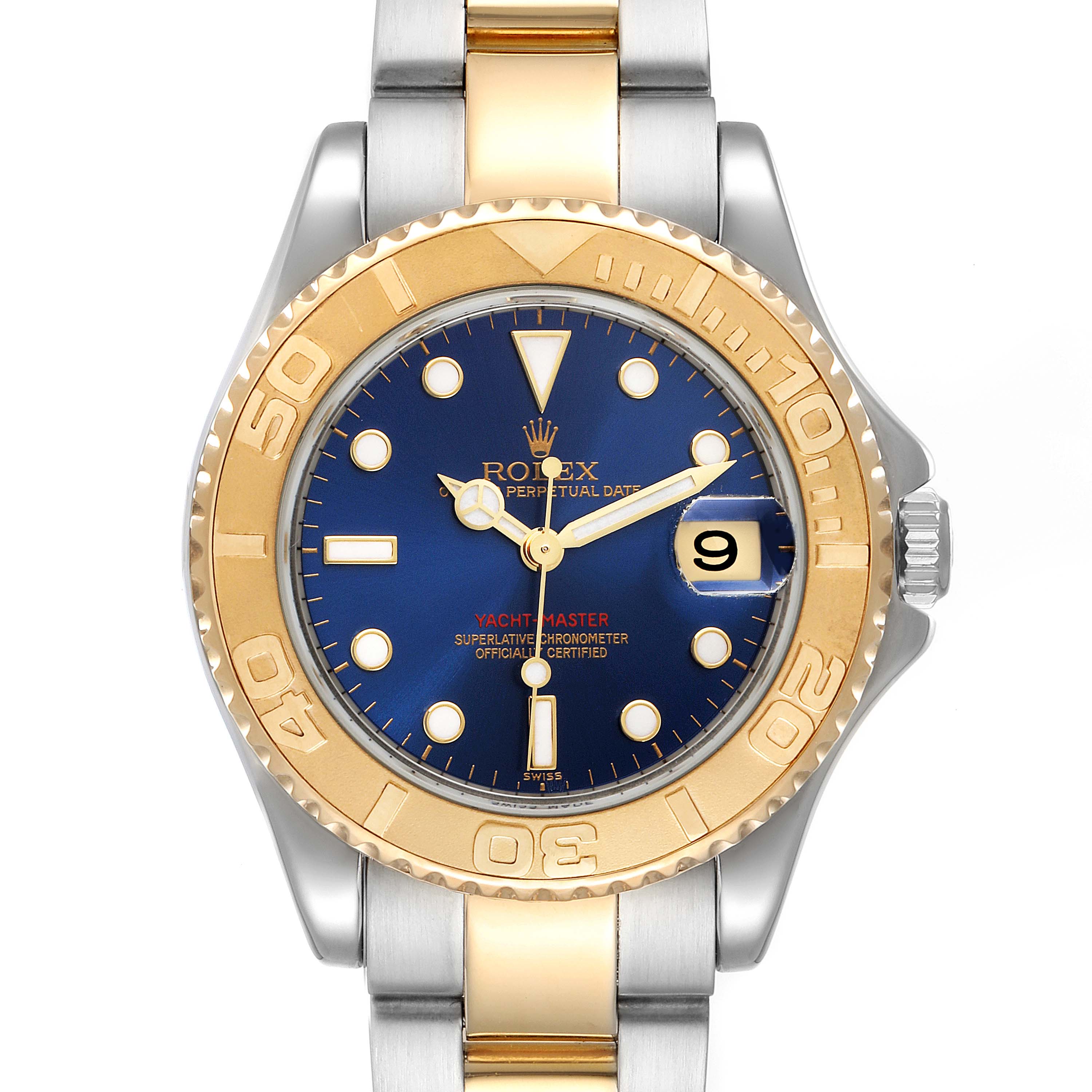 The image shows a front view of the Rolex Yacht-Master 168623 Women's Steel and Gold (two tone) Blue Dial 168623 Women's Steel and Gold (two tone) Blue Dial watch, highlighting its blue dial and gold bezel.