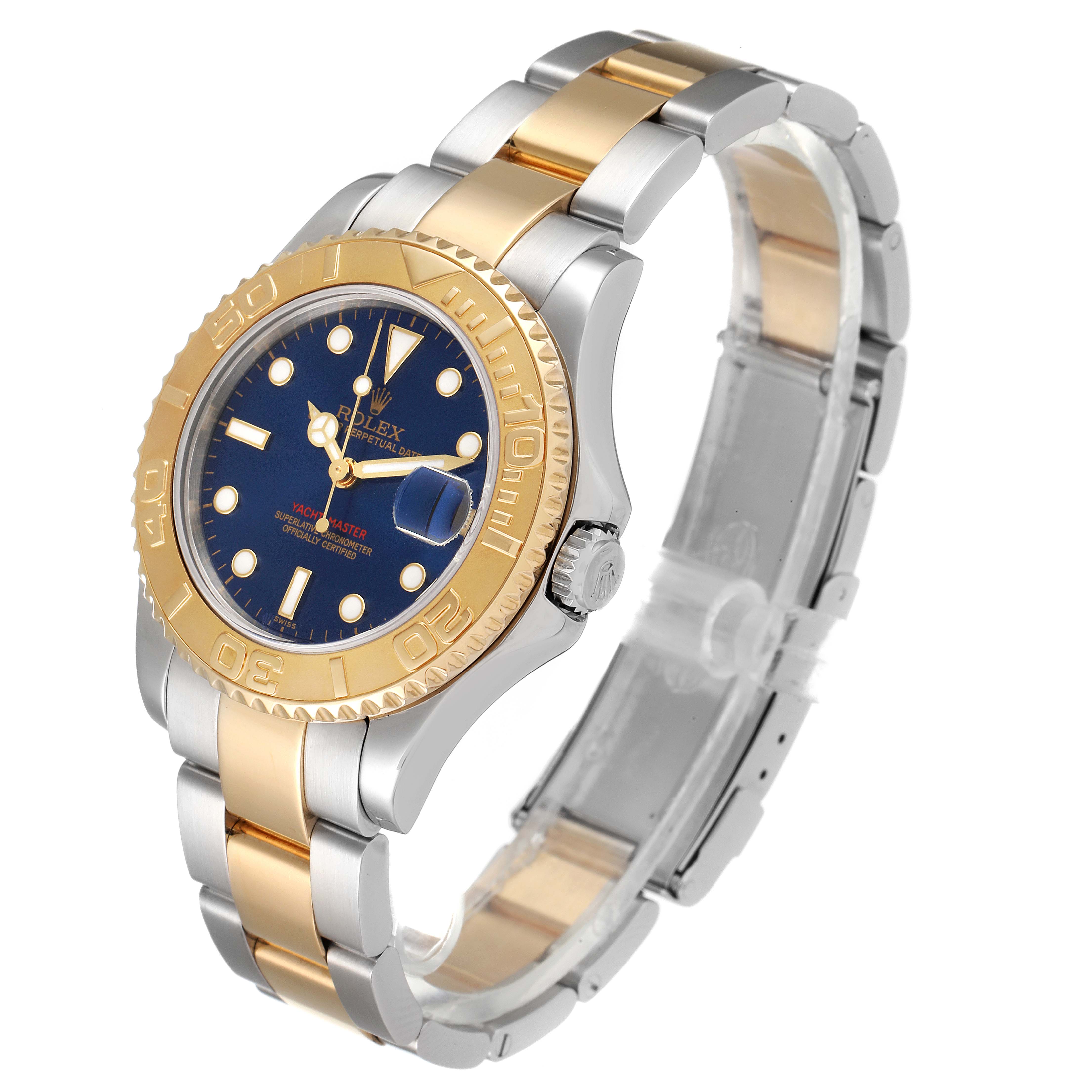 This image shows a side-angle view of the Rolex Yacht-Master 168623 Women's Steel and Gold (two tone) Blue Dial 168623 Women's Steel and Gold (two tone) Blue Dial, highlighting its blue dial, gold bezel, and two-tone bracelet.