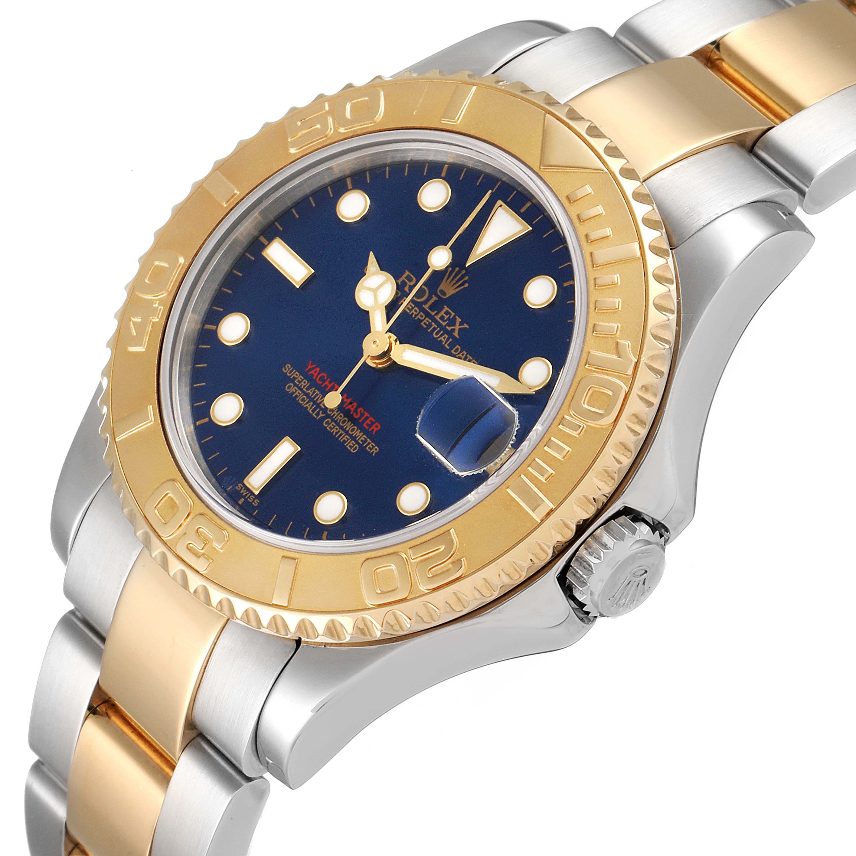 The Rolex Yacht-Master 168623 Women's Steel and Gold (two tone) Blue Dial 168623 Women's Steel and Gold (two tone) Blue Dial watch is shown at a slight angle, displaying the face, bezel, and metal band clearly.