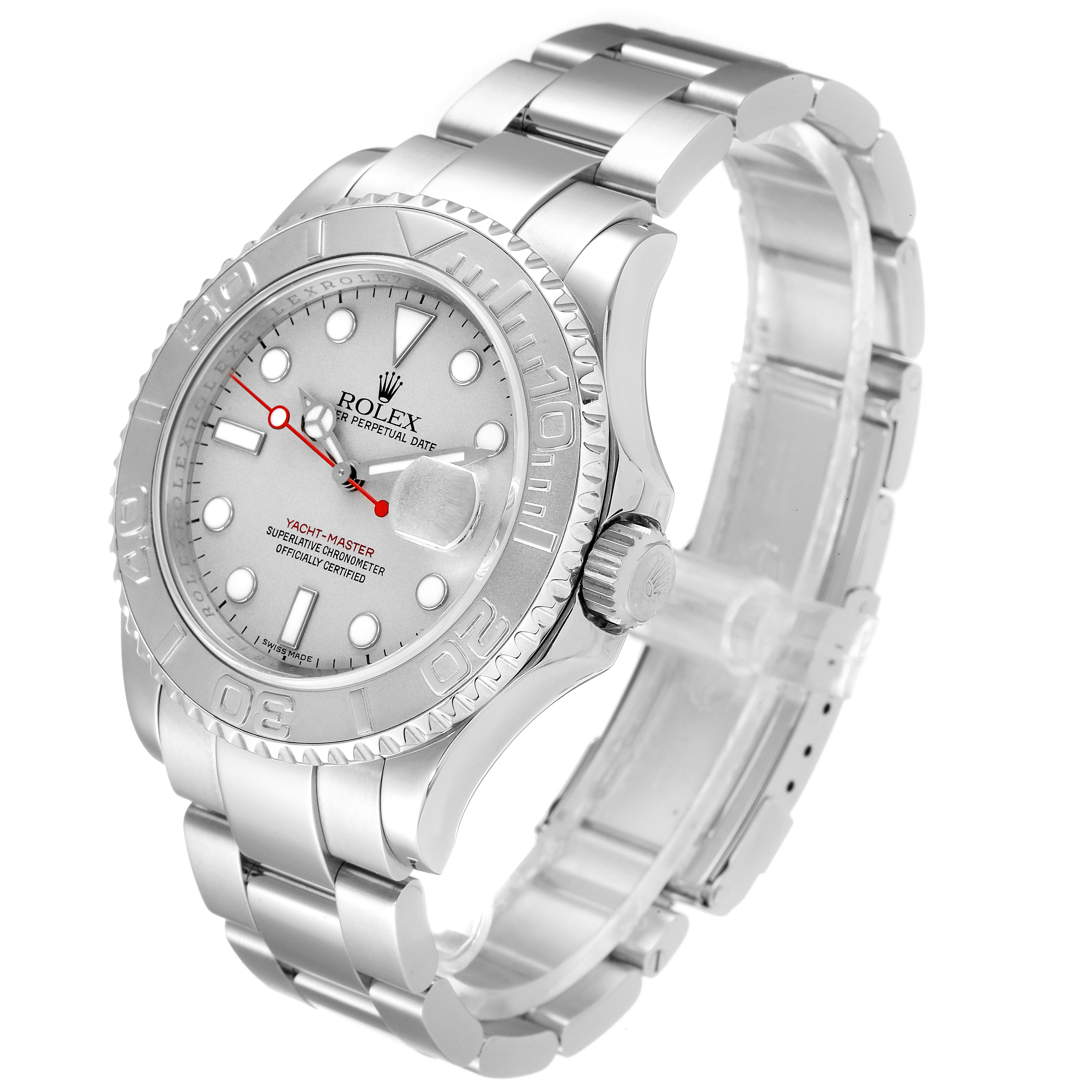 This is a Rolex Yacht-Master 16622 Men's Stainless Steel Silver Dial 16622 Men's Stainless Steel Silver Dial watch shown at a three-quarter angle, highlighting the bezel, dial, bracelet, and crown.