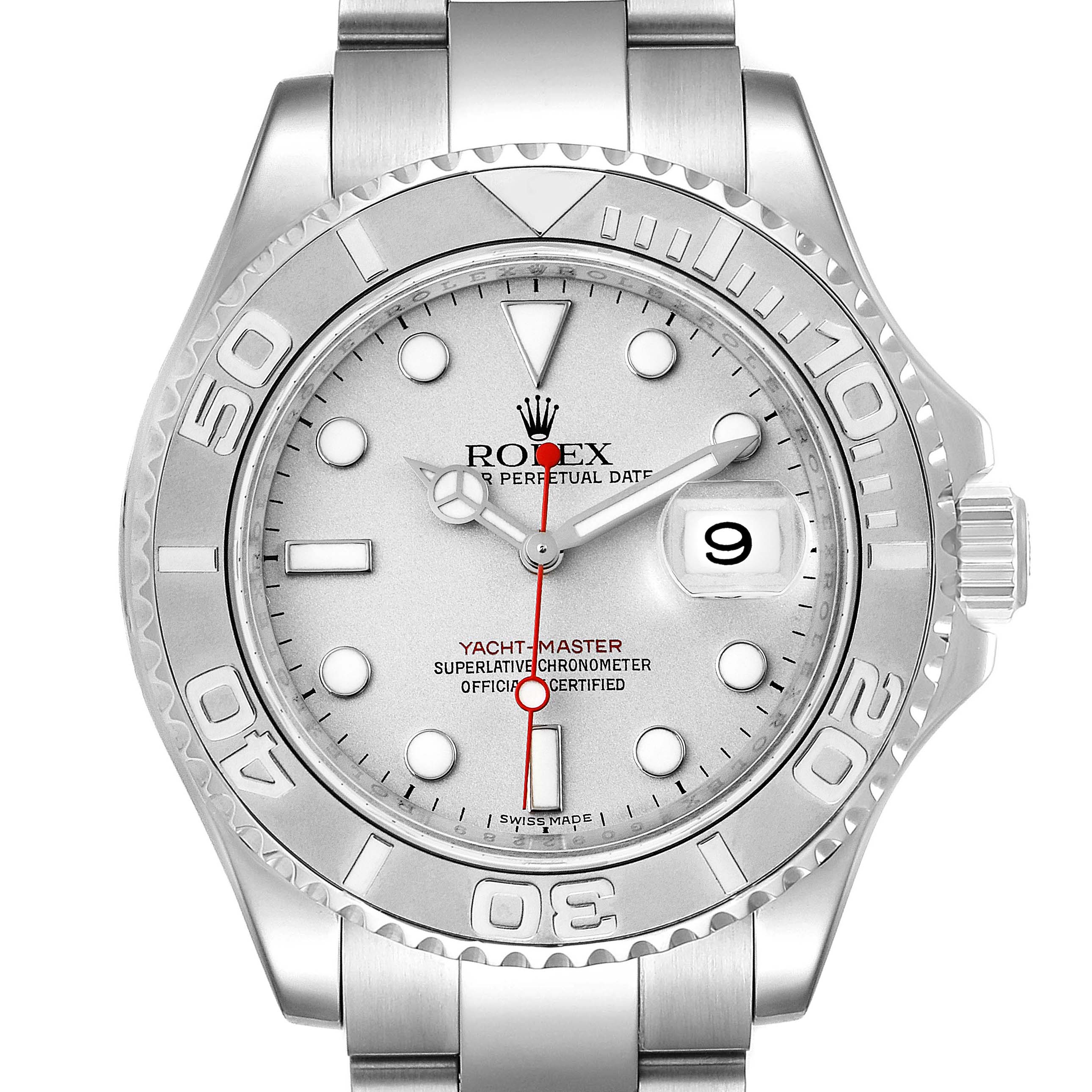 This image shows the front view of a Rolex Yacht-Master 16622 Men's Stainless Steel Silver Dial 16622 Men's Stainless Steel Silver Dial watch, displaying the dial, hands, bezel, and bracelet.