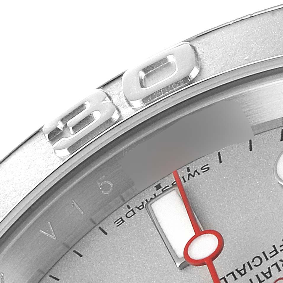 This image shows a close-up view of the bezel and dial of a Rolex Yacht-Master 16622 Men's Stainless Steel Silver Dial 16622 Men's Stainless Steel Silver Dial watch, focusing on the 30-minute marker and red second hand.