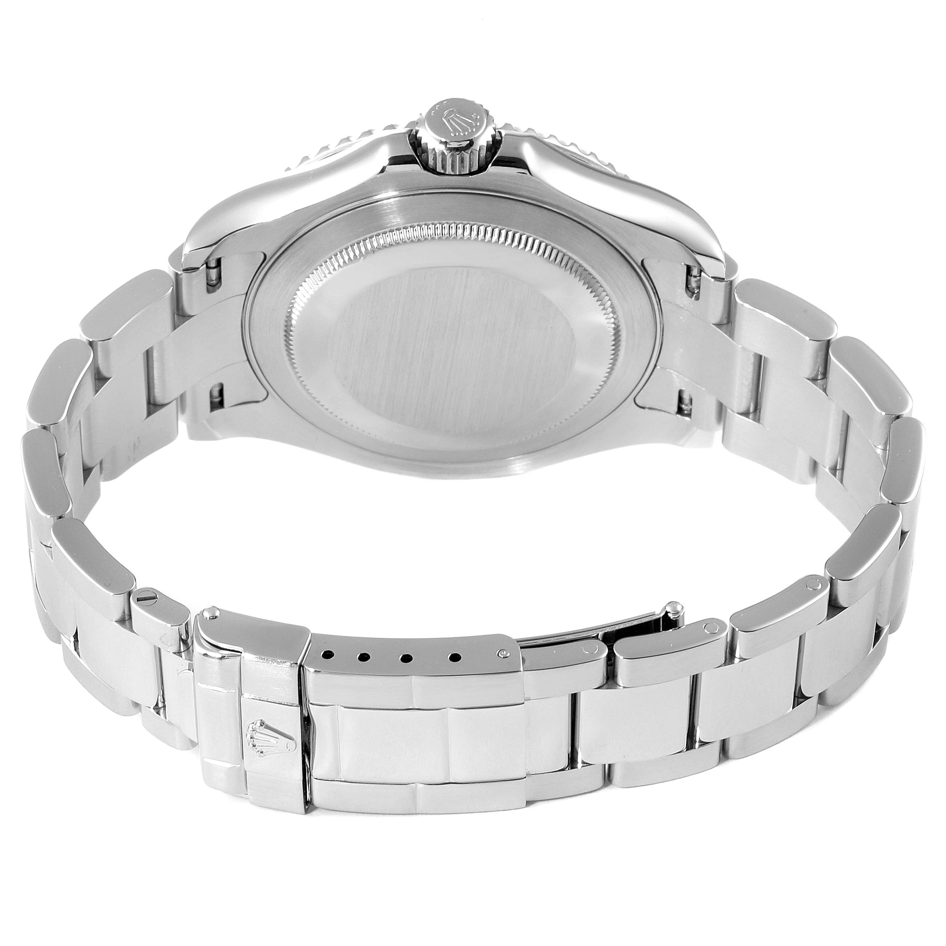 The image shows the Rolex Yacht-Master 16622 Men's Stainless Steel Silver Dial 16622 Men's Stainless Steel Silver Dial watch from the backside, highlighting its bracelet and clasp.