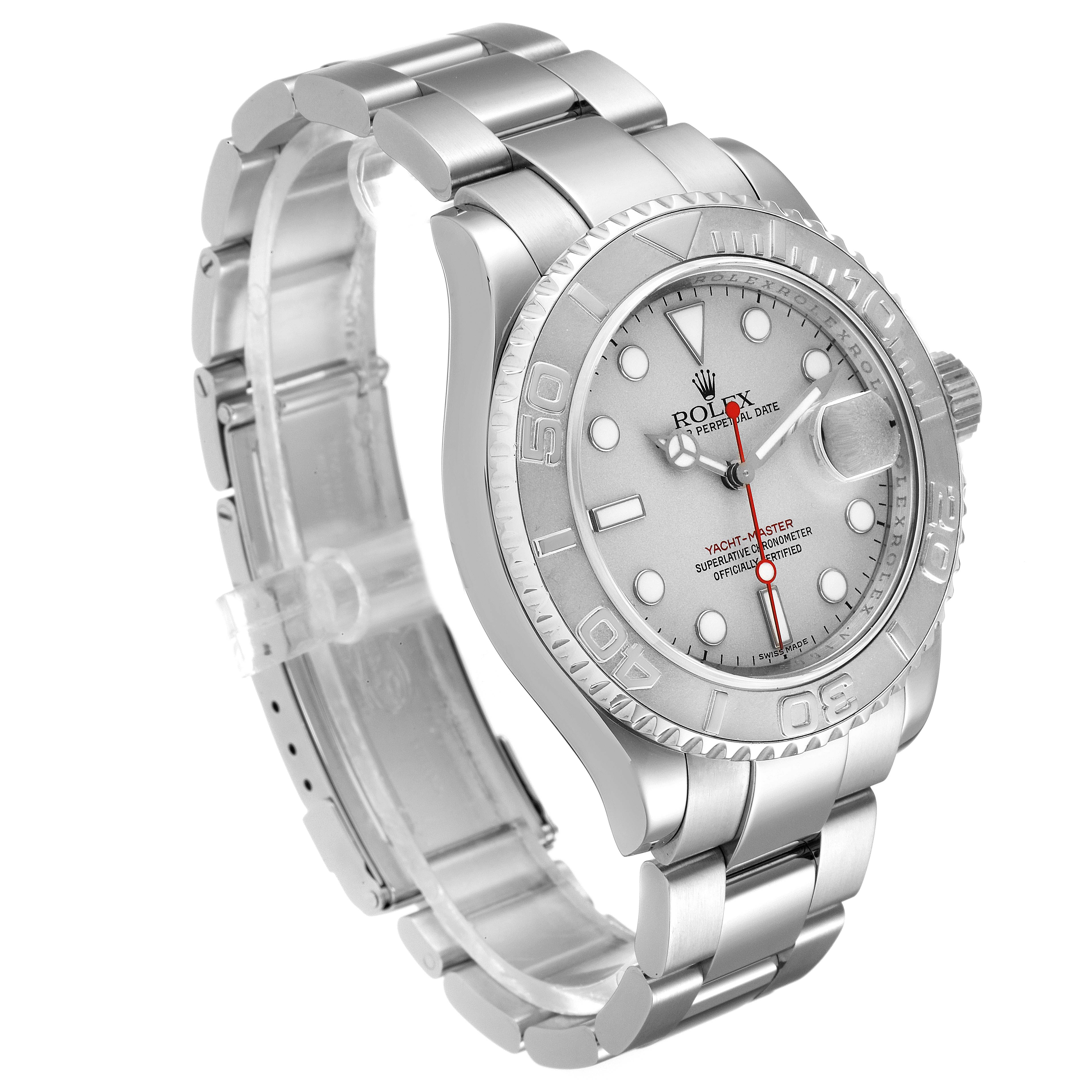 The image shows a Rolex Yacht-Master 16622 Men's Stainless Steel Silver Dial 16622 Men's Stainless Steel Silver Dial watch at a three-quarter angle, highlighting its face, bezel, and bracelet.