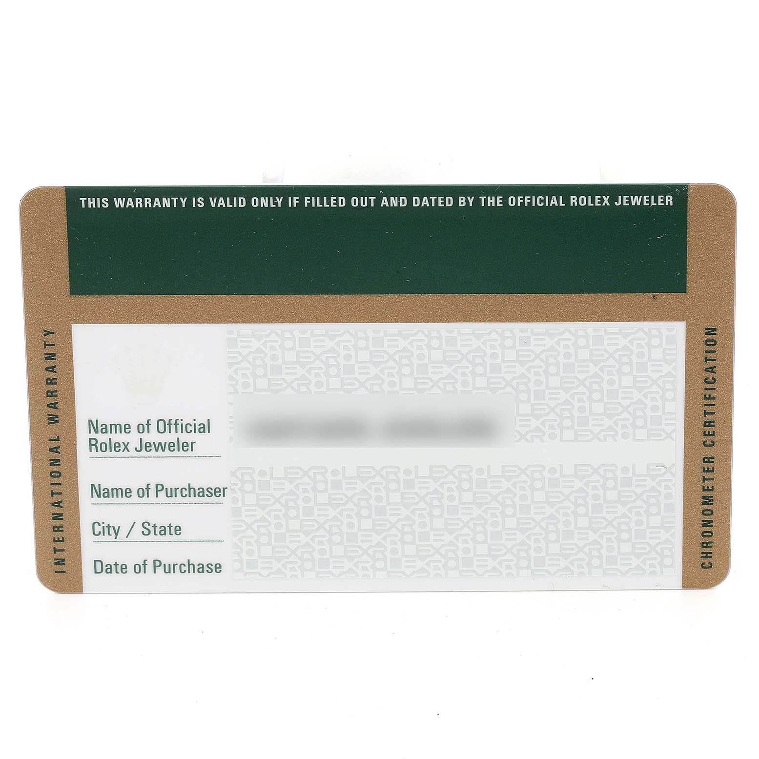 This image shows the official warranty card for the Rolex Yacht-Master 16622 Men's Stainless Steel Silver Dial 16622 Men's Stainless Steel Silver Dial model, displaying fields for the jeweler, purchaser, city/state, and purchase date.