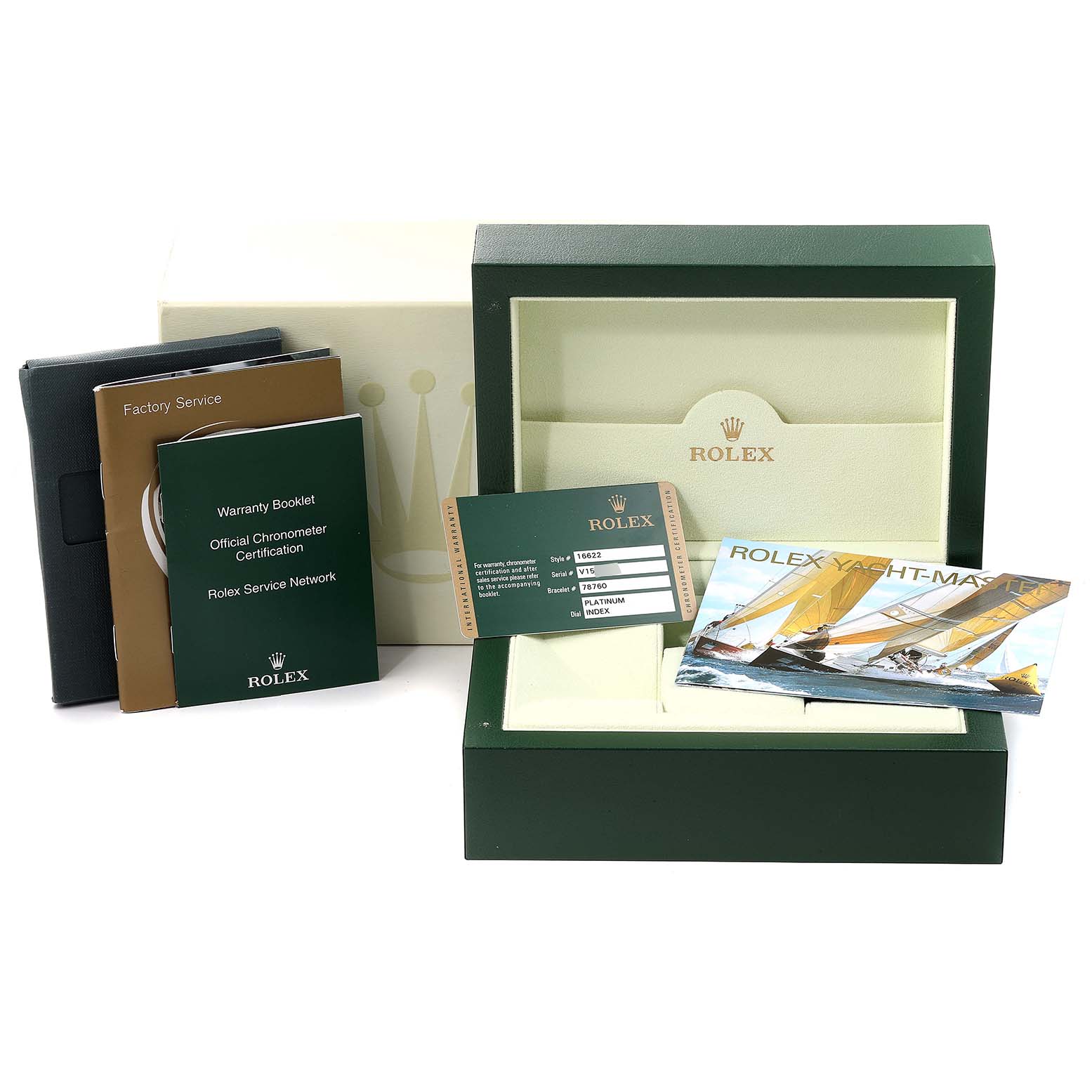 The image shows various accessories of a Rolex Yacht-Master 16622 Men's Stainless Steel Silver Dial 16622 Men's Stainless Steel Silver Dial, including the storage box, warranty booklet, and yacht-themed card.