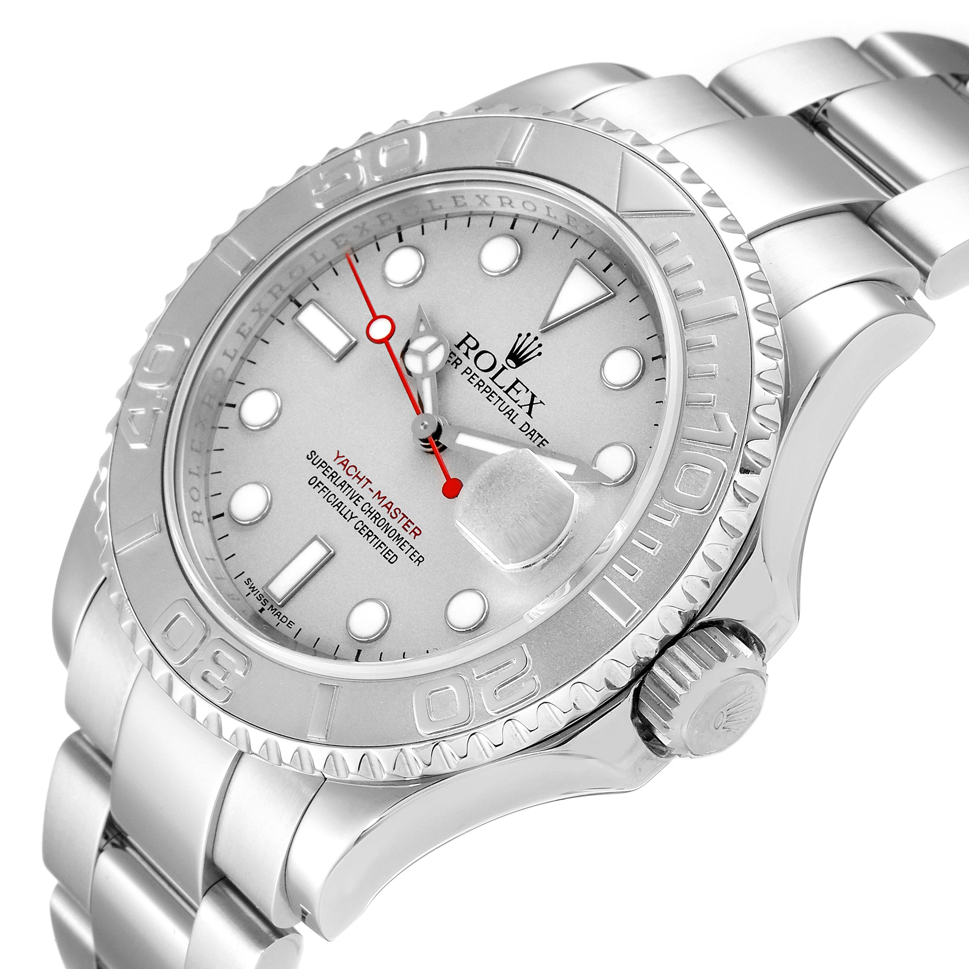 The Rolex Yacht-Master 16622 Men's Stainless Steel Silver Dial 16622 Men's Stainless Steel Silver Dial watch is shown at a slight angle, highlighting its face, bezel, and bracelet.