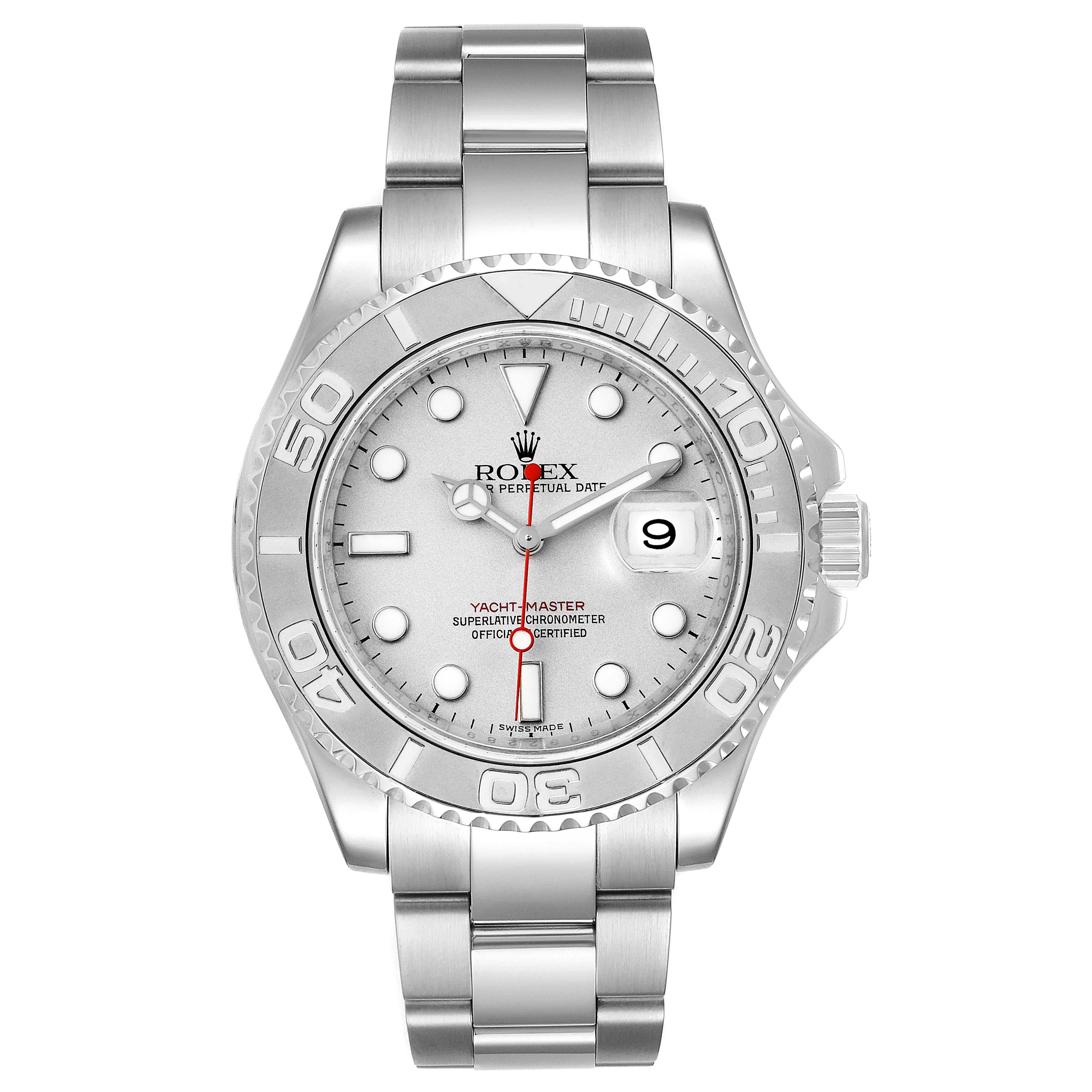 The Rolex Yacht-Master 16622 Men's Stainless Steel Silver Dial 16622 Men's Stainless Steel Silver Dial watch is shown from a front angle, displaying its face, bezel, strap, and date window.
