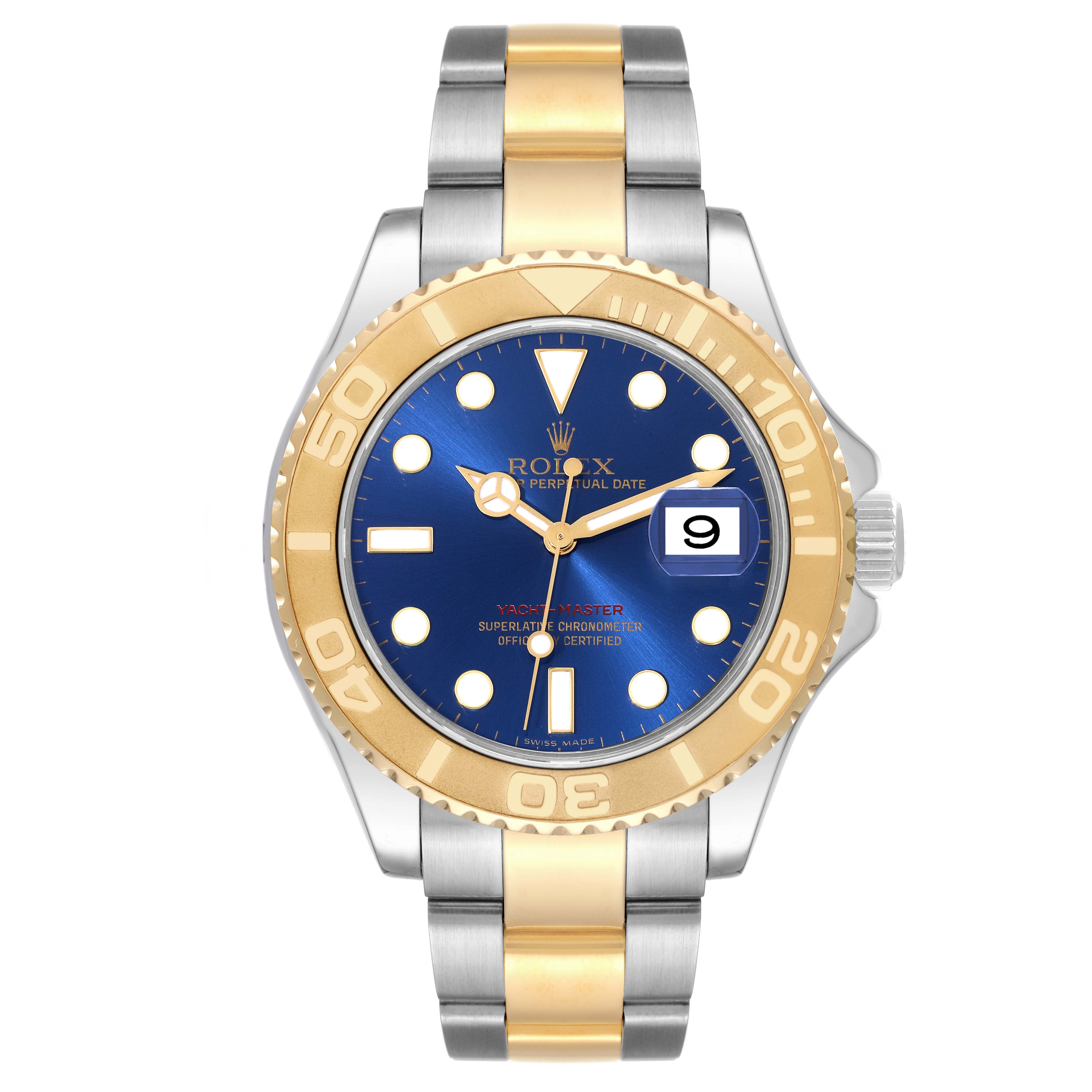 This image shows a Rolex Yacht-Master 16623 Men's Steel and Gold (two tone) Blue Dial 16623 Men's Steel and Gold (two tone) Blue Dial watch from a front view, highlighting its blue dial, two-tone bracelet, and gold bezel.