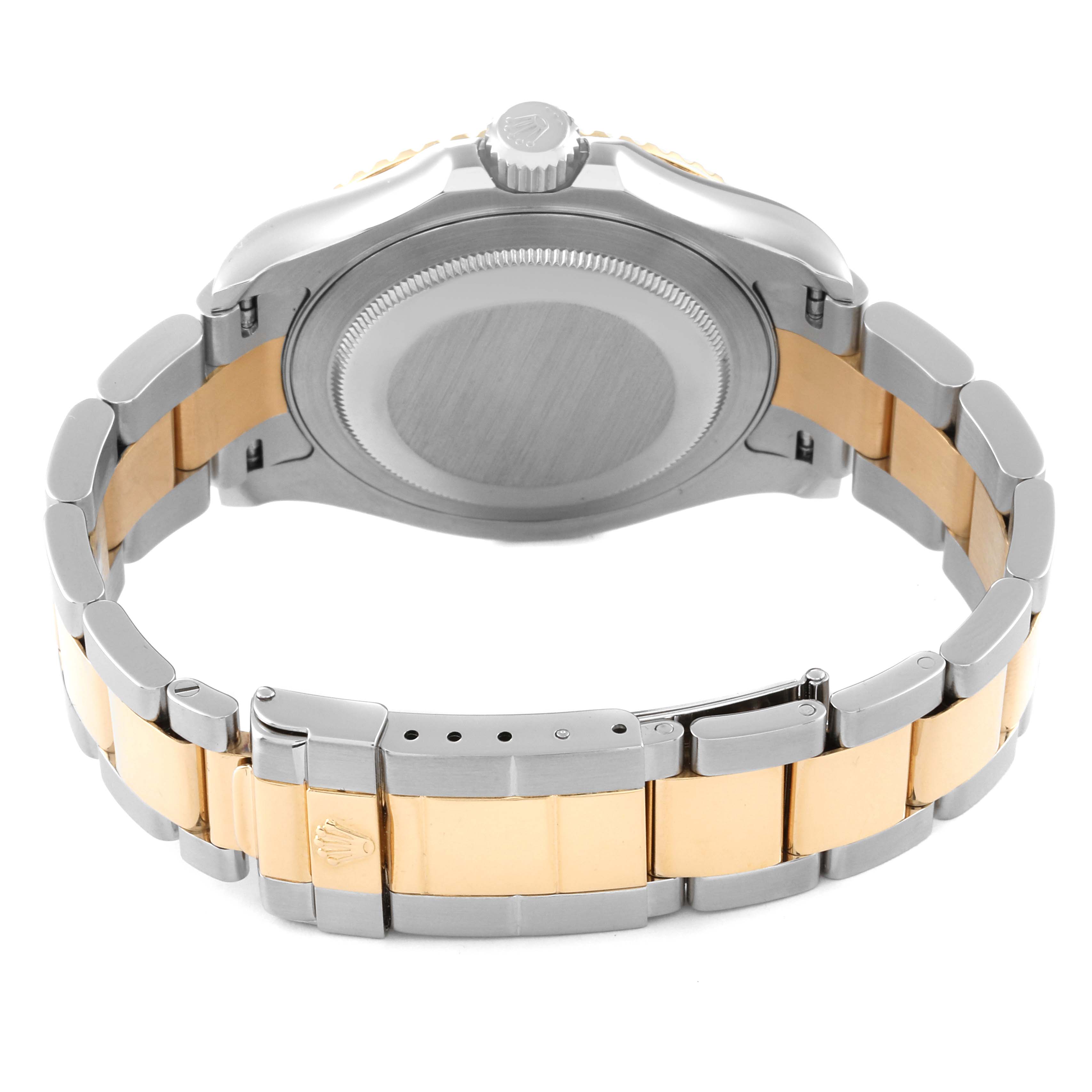 This image shows the back and bracelet of a Rolex Yacht-Master 16623 Men's Steel and Gold (two tone) Blue Dial 16623 Men's Steel and Gold (two tone) Blue Dial watch at a straight-on angle.