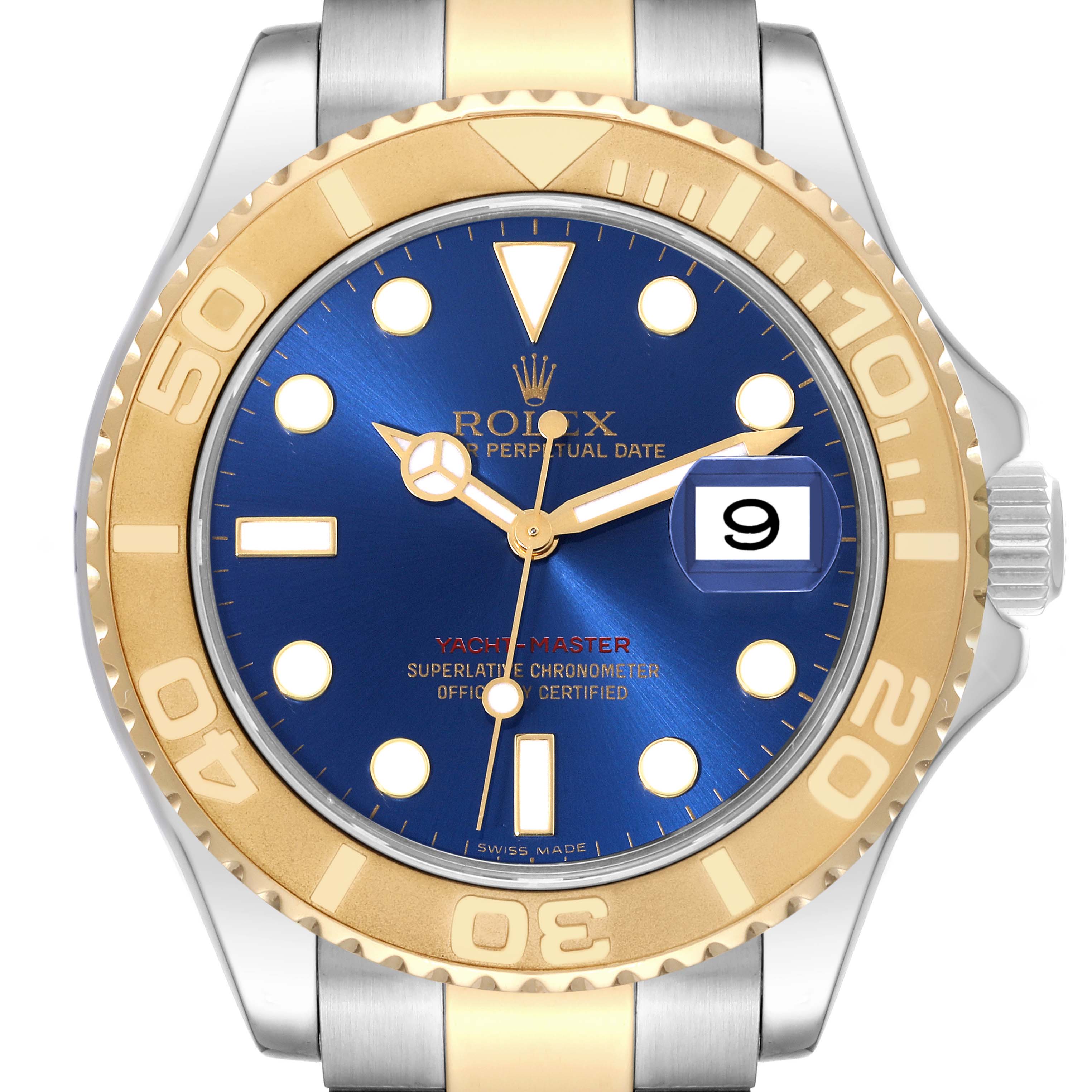 The Rolex Yacht-Master 16623 Men's Steel and Gold (two tone) Blue Dial 16623 Men's Steel and Gold (two tone) Blue Dial model watch is shown from the front, displaying its blue dial, gold bezel, and date window.