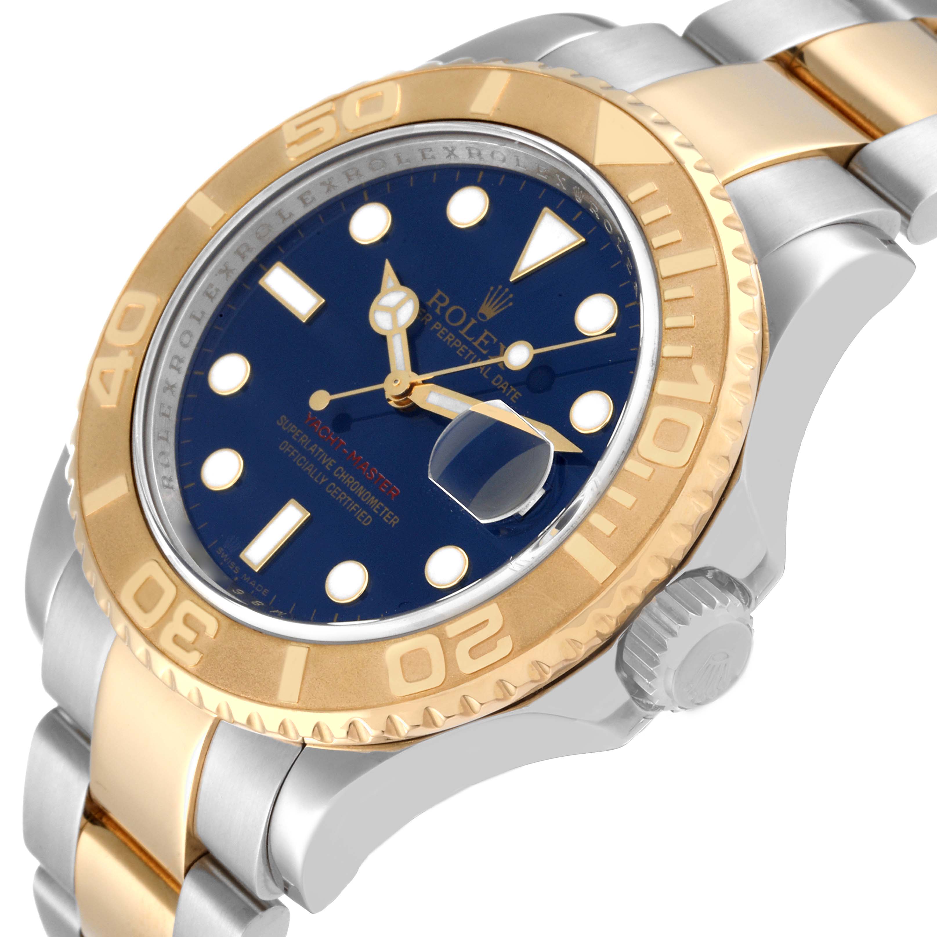 The image shows a Rolex Yacht-Master 16623 Men's Steel and Gold (two tone) Blue Dial 16623 Men's Steel and Gold (two tone) Blue Dial watch at an angled close-up, highlighting its dial, bezel, and bracelet.