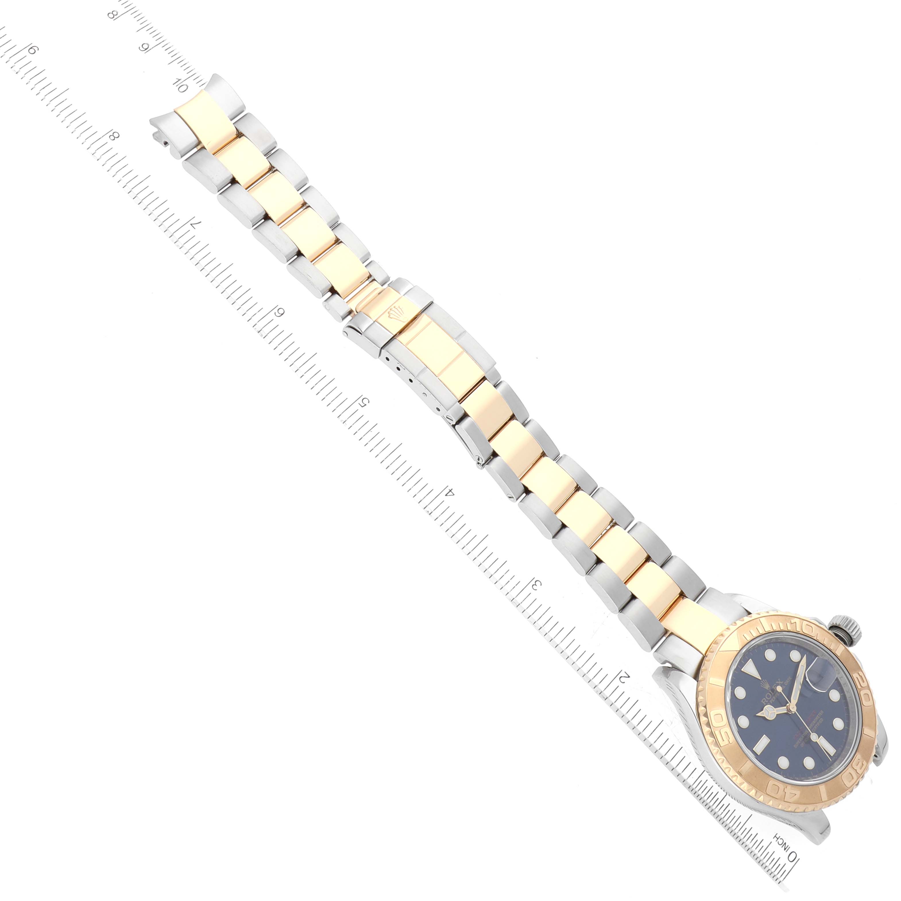 The image shows the Rolex Yacht-Master 16623 Men's Steel and Gold (two tone) Blue Dial 16623 Men's Steel and Gold (two tone) Blue Dial watch at a top-down angle, displaying the full band and face.