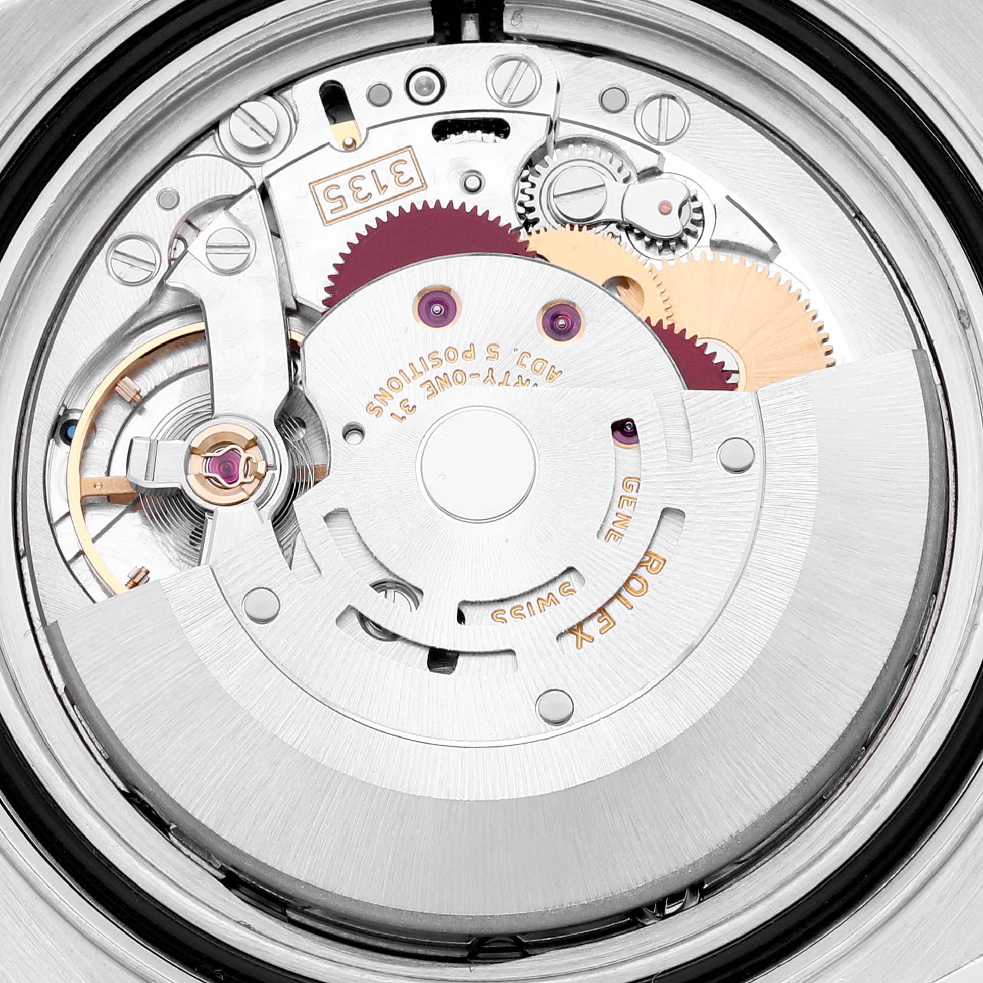 This is a close-up view of the internal movement mechanism of a Rolex Yacht-Master 16623 Men's Steel and Gold (two tone) Blue Dial 16623 Men's Steel and Gold (two tone) Blue Dial watch.