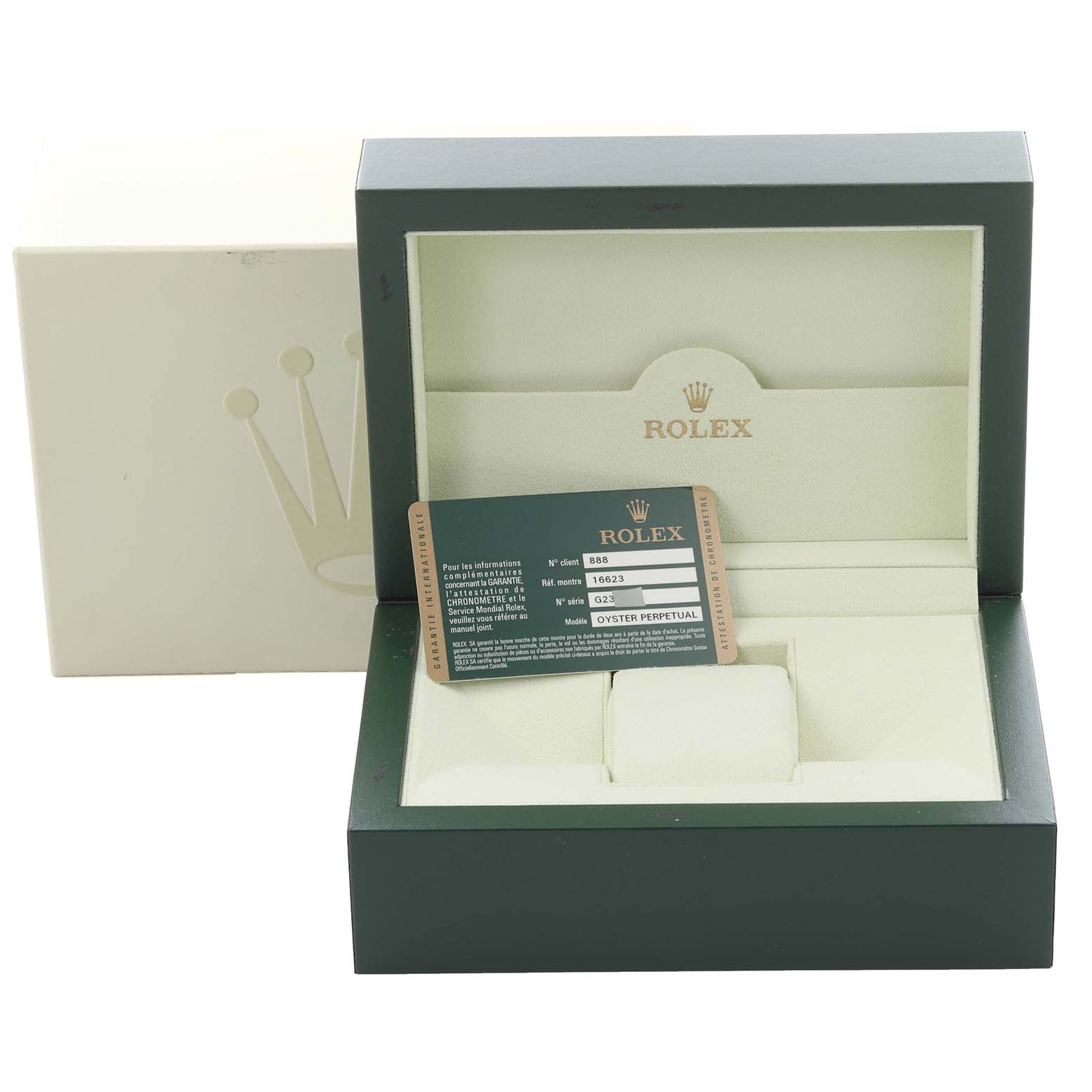 The image shows a Rolex Yacht-Master 16623 Men's Steel and Gold (two tone) White Dial 16623 Men's Steel and Gold (two tone) White Dial watch box, card, and cushion from a front angle.