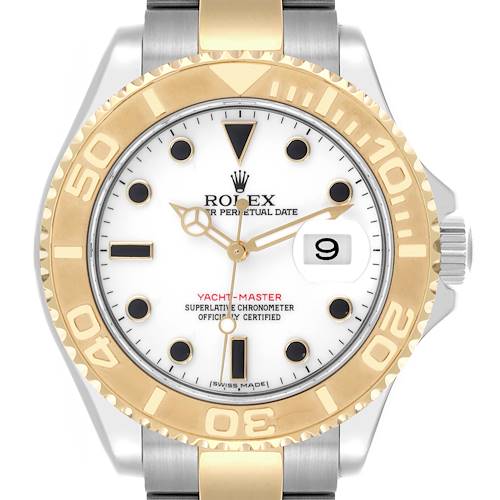 The Rolex Yacht-Master watch is shown from the front, displaying the face, bezel, and part of the bracelet.