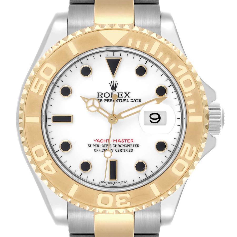 The Yacht-Master by Rolex is shown from a front angle, displaying the bezel, dial, and part of the bracelet.