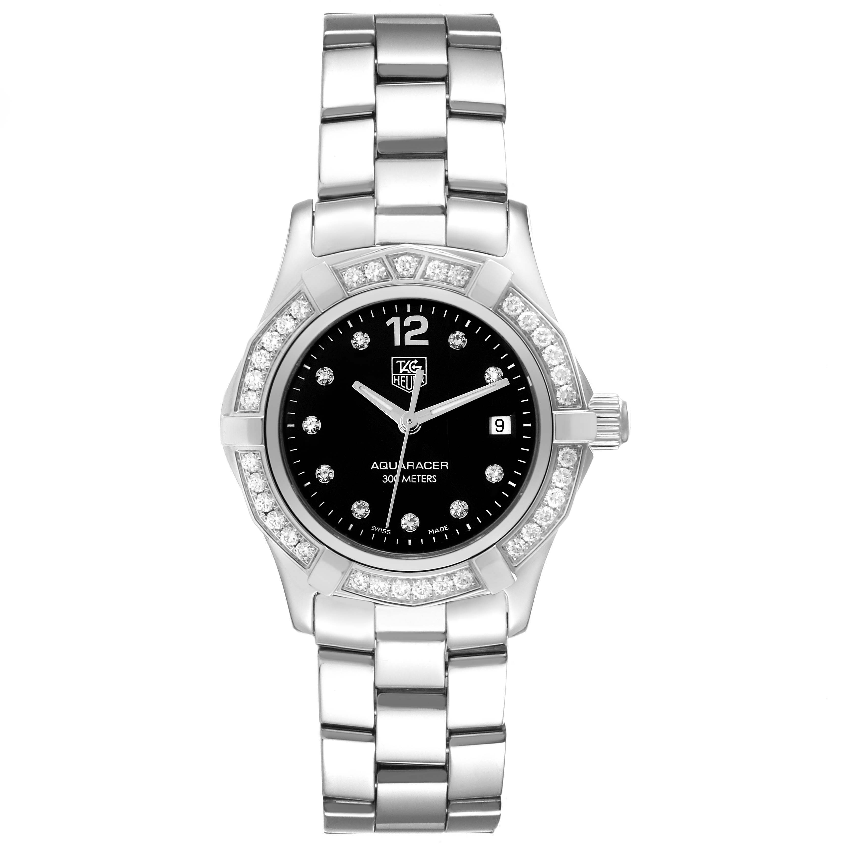 This Tag Heuer Aquaracer WAF141D Women's Stainless Steel Black Dial WAF141D Women's Stainless Steel Black Dial watch is shown from a front angle, displaying its face and stainless steel bracelet.