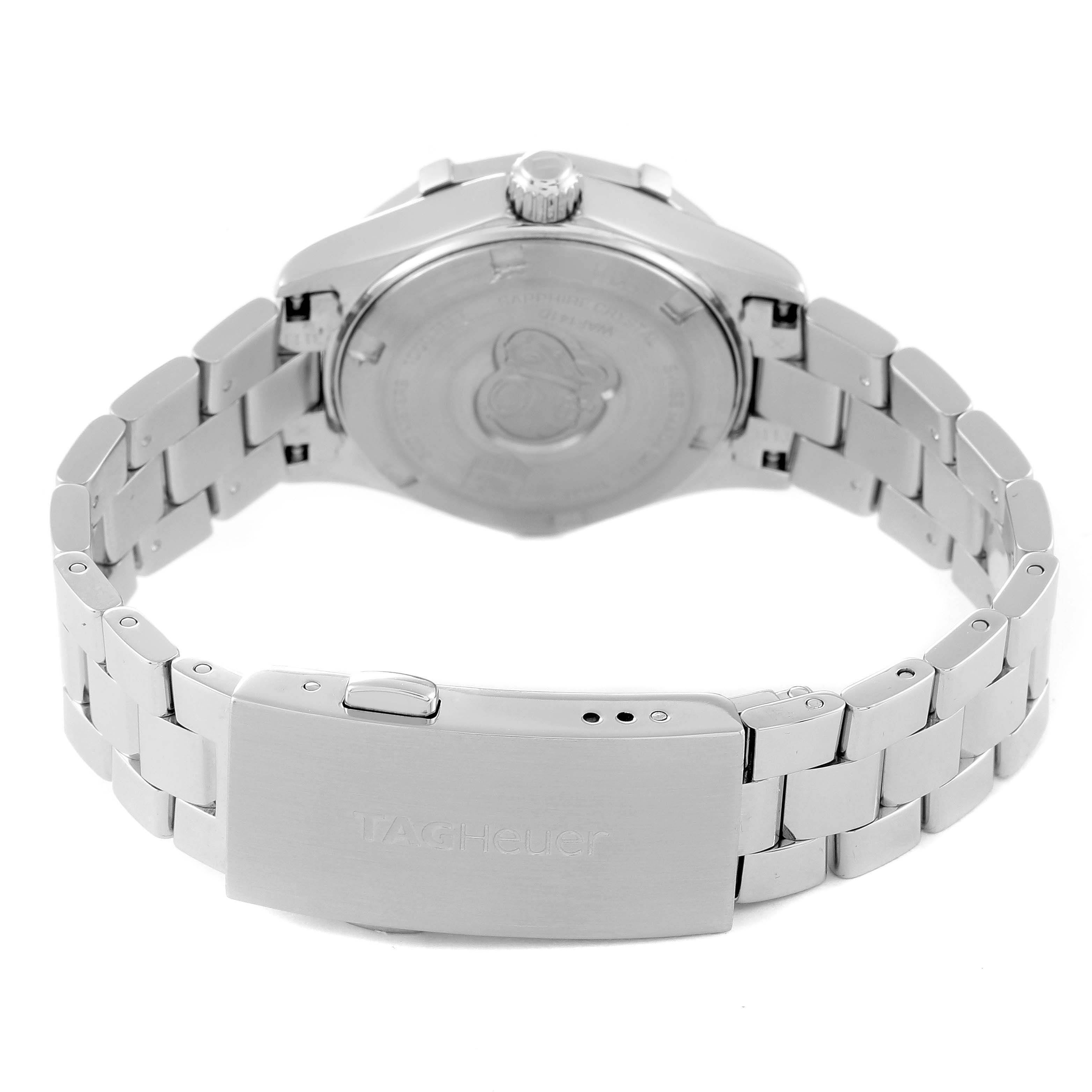 The image shows the back view of a Tag Heuer Aquaracer WAF141D Women's Stainless Steel Black Dial WAF141D Women's Stainless Steel Black Dial watch, highlighting the case back and metal bracelet.