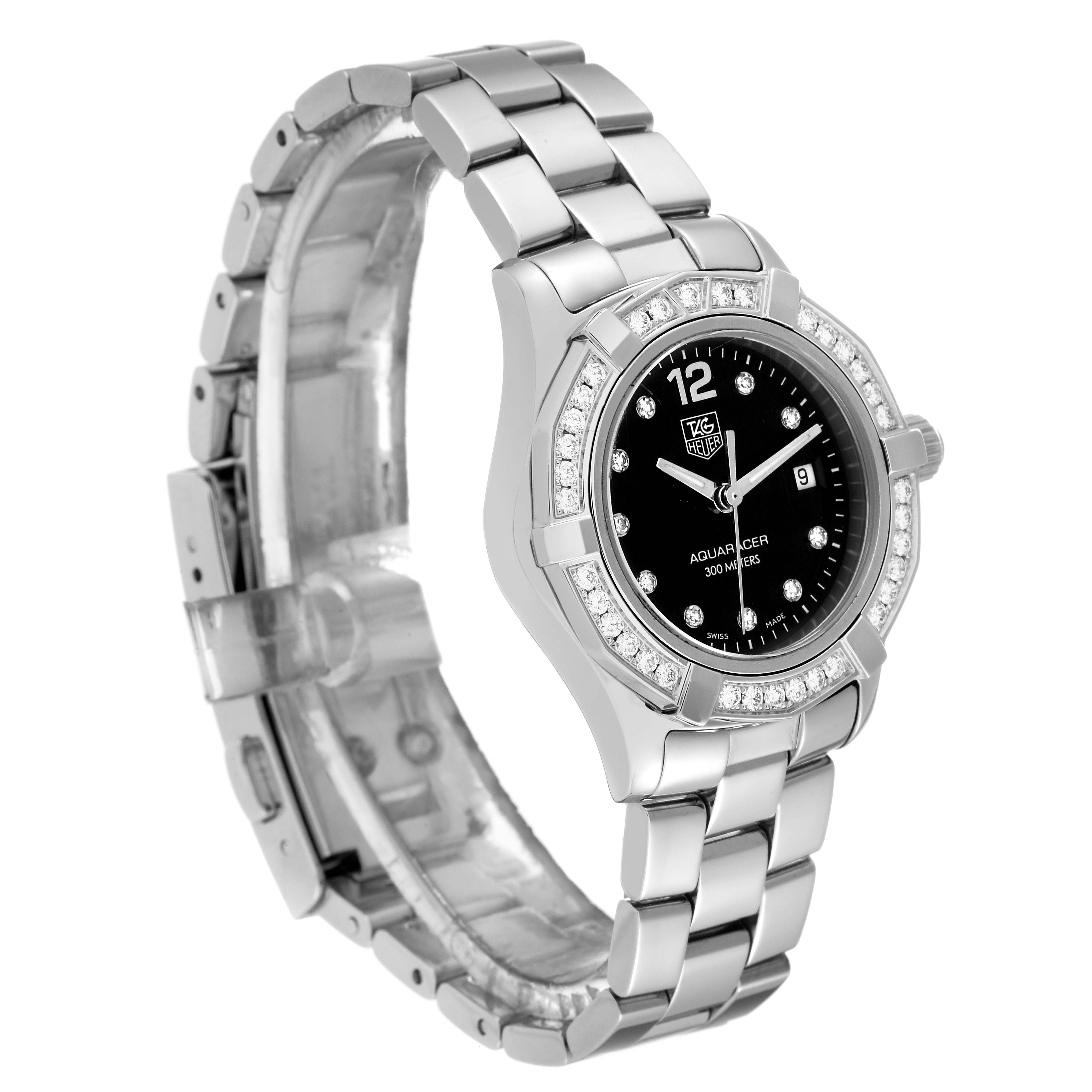 The Tag Heuer Aquaracer WAF141D Women's Stainless Steel Black Dial WAF141D Women's Stainless Steel Black Dial watch is shown at a three-quarter angle highlighting its dial, bezel, and metal bracelet.