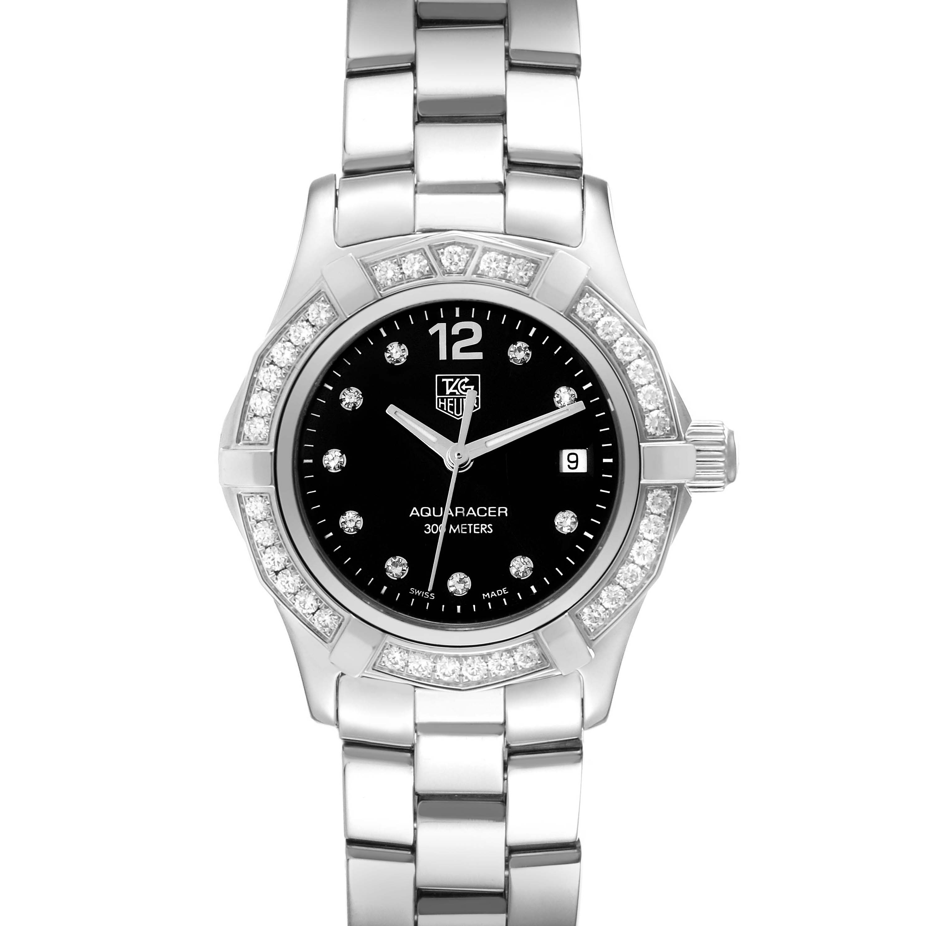 The image shows a front view of the Tag Heuer Aquaracer WAF141D Women's Stainless Steel Black Dial WAF141D Women's Stainless Steel Black Dial watch, highlighting its bezel, dial, and bracelet.