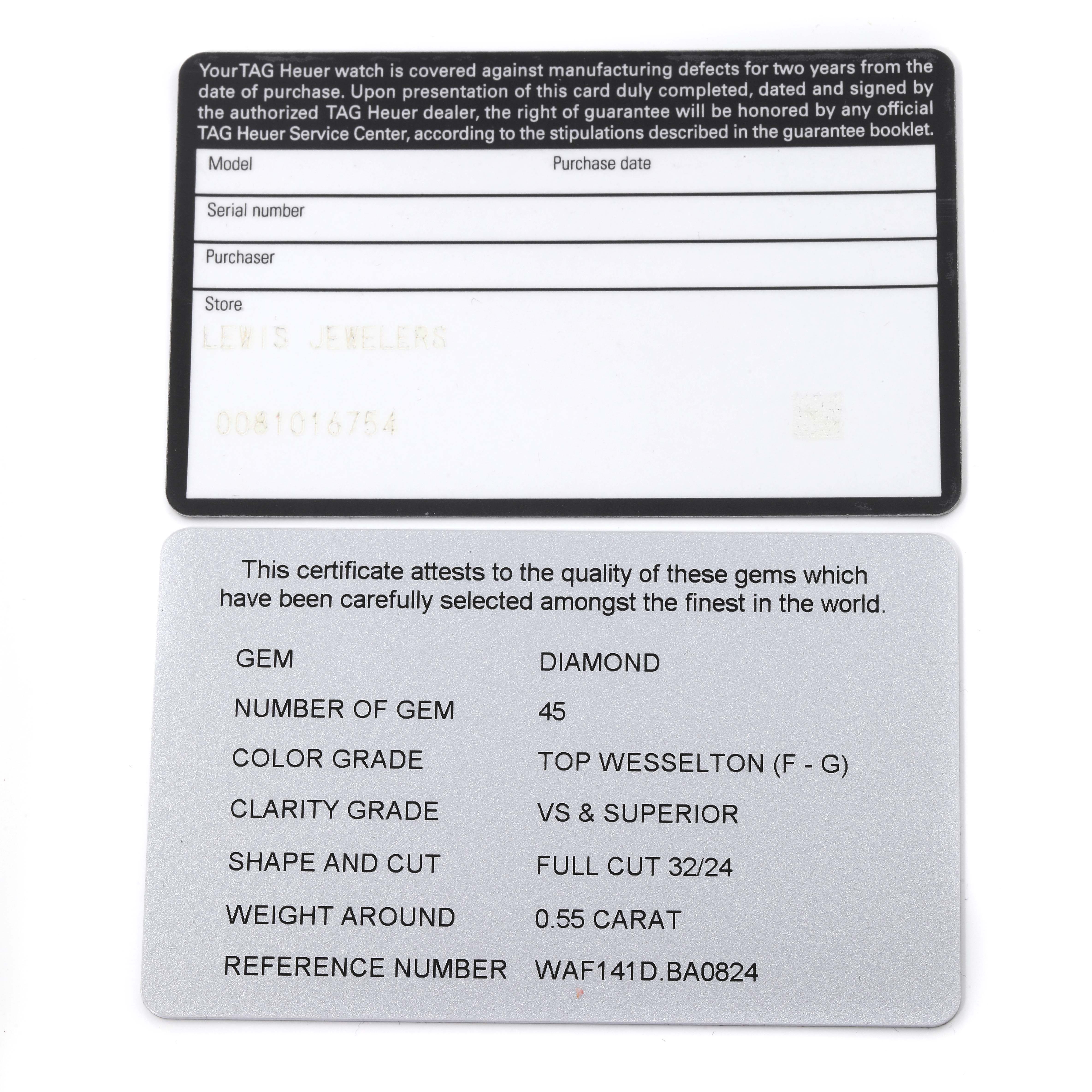The image shows the warranty card and gem certificate for a Tag Heuer Aquaracer WAF141D Women's Stainless Steel Black Dial WAF141D Women's Stainless Steel Black Dial watch model.