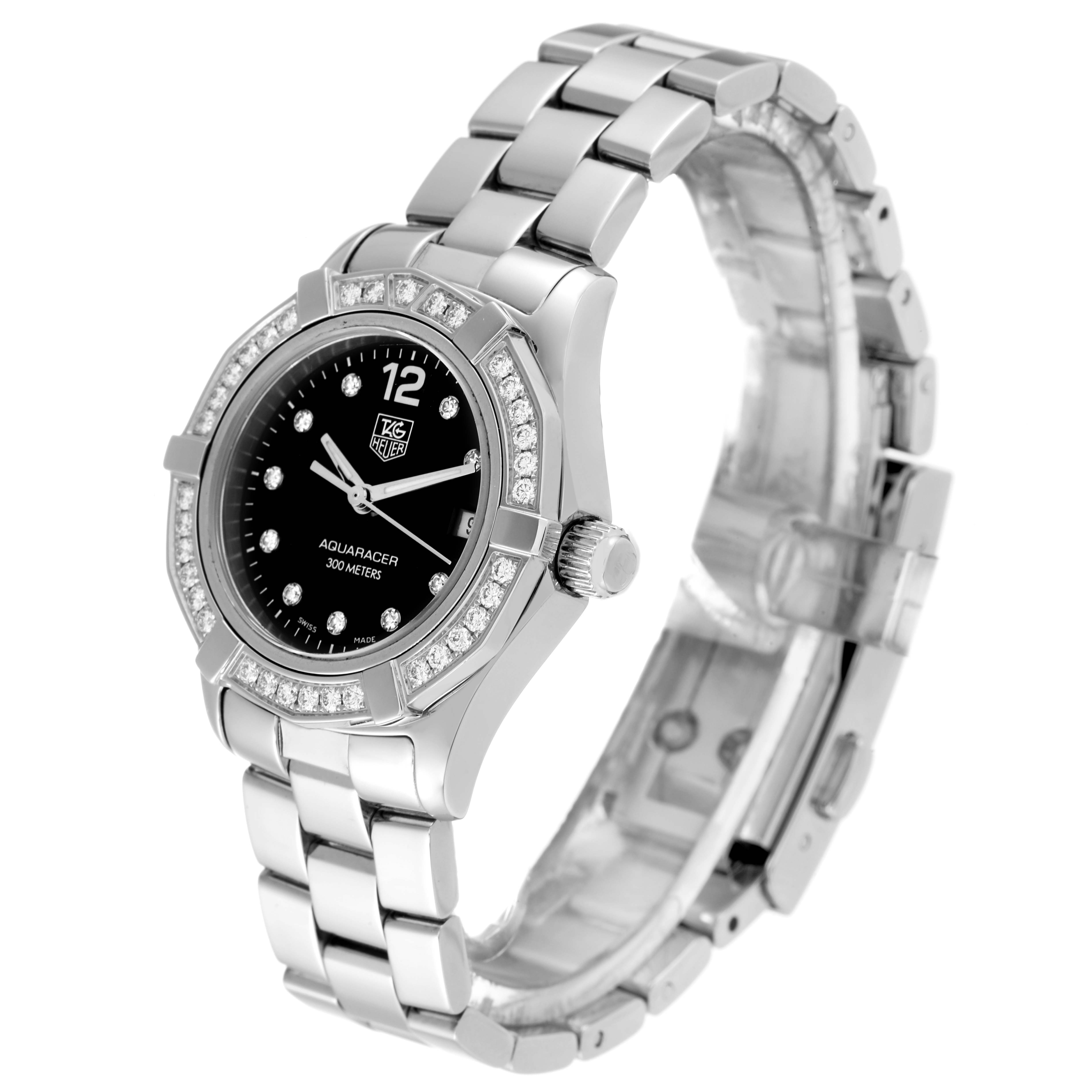 The Tag Heuer Aquaracer WAF141D Women's Stainless Steel Black Dial WAF141D Women's Stainless Steel Black Dial watch is shown at a three-quarter angle displaying the bezel, dial, crown, and bracelet.