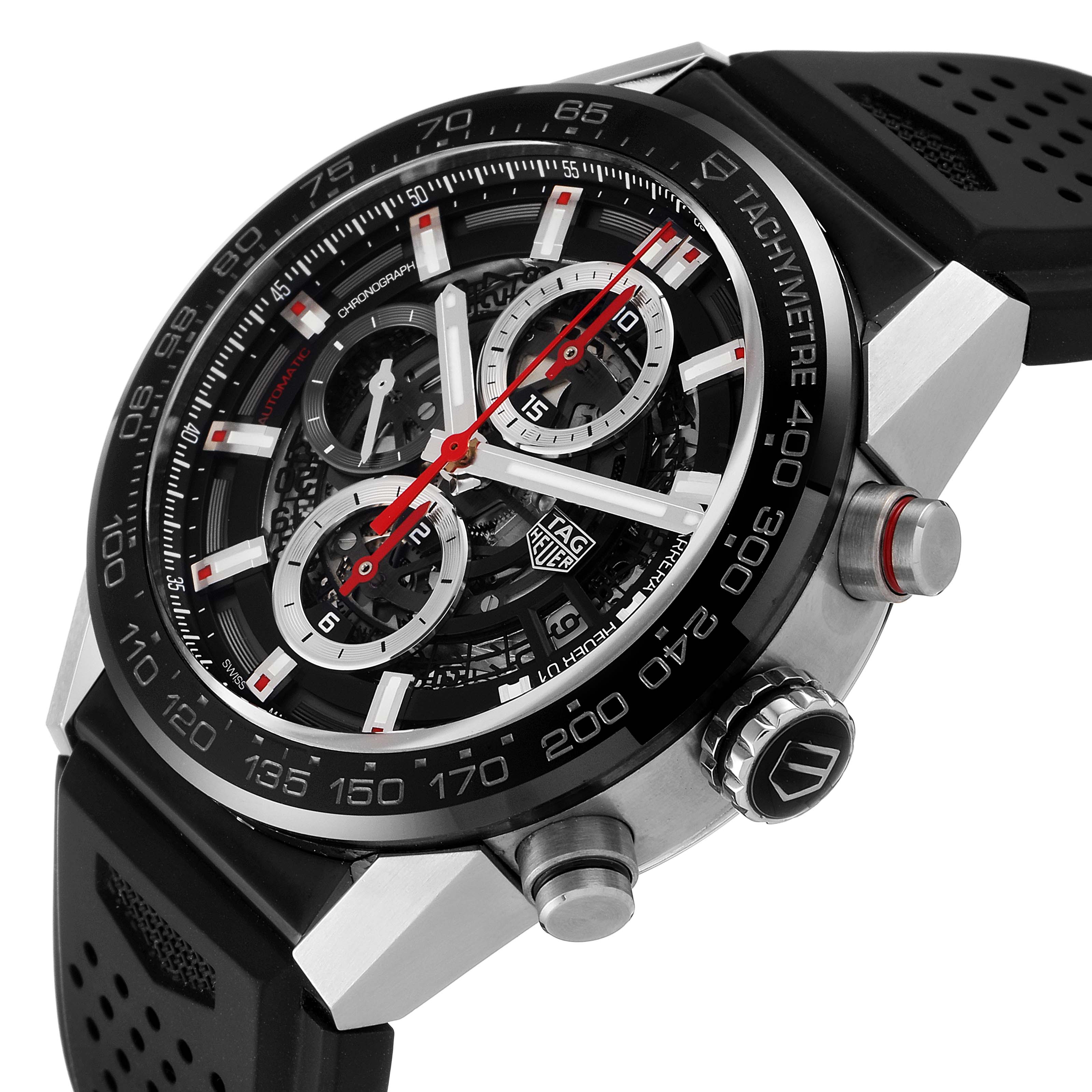 This image shows a close-up angled view of the Tag Heuer Carrera CAR201V.BA0714 Men's Stainless Steel Black Dial CAR201V.BA0714 Men's Stainless Steel Black Dial watch, highlighting its face, bezel, crown, and strap.