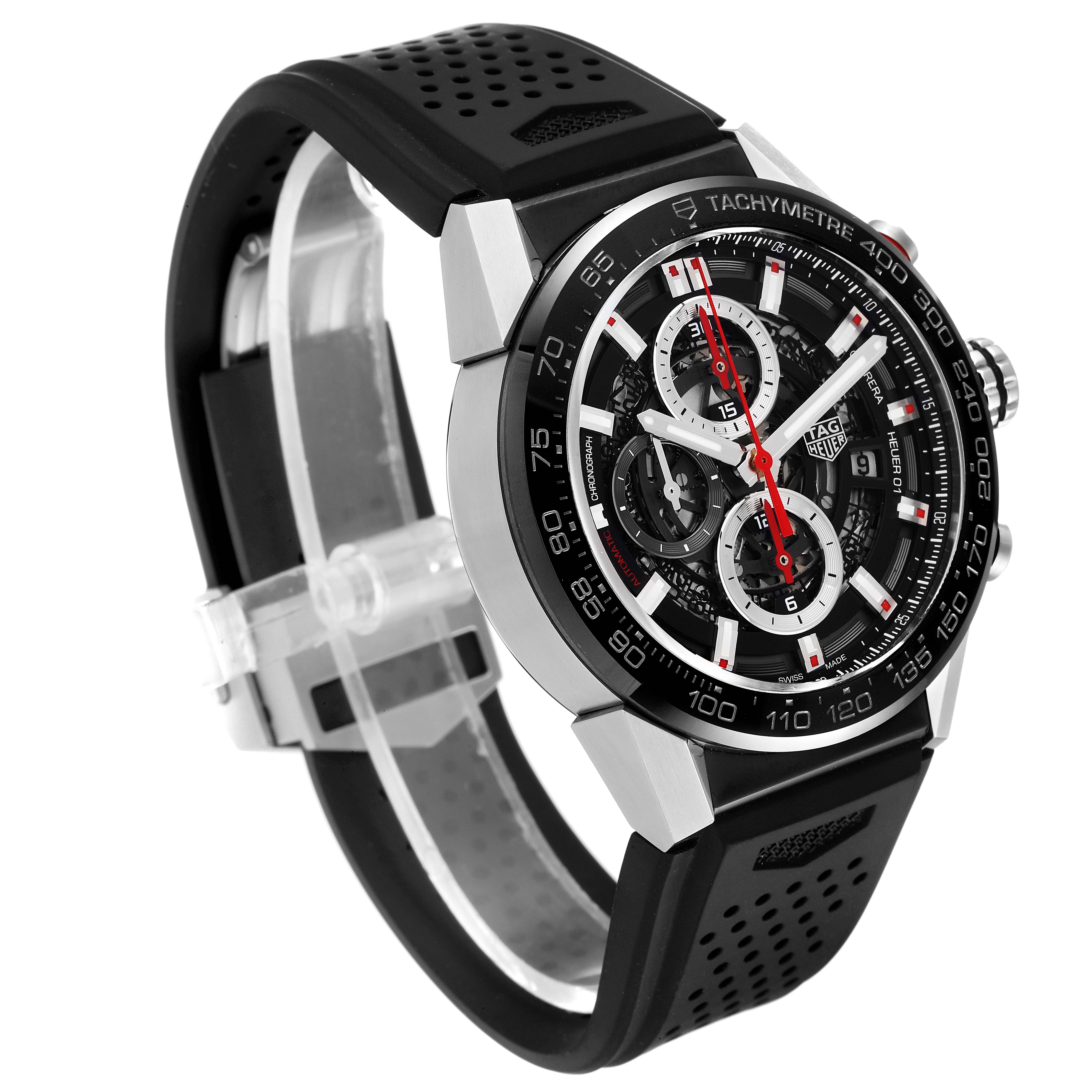 The image shows a side view of the Tag Heuer Carrera CAR201V.BA0714 Men's Stainless Steel Black Dial CAR201V.BA0714 Men's Stainless Steel Black Dial watch, highlighting the face, bezel, and strap.