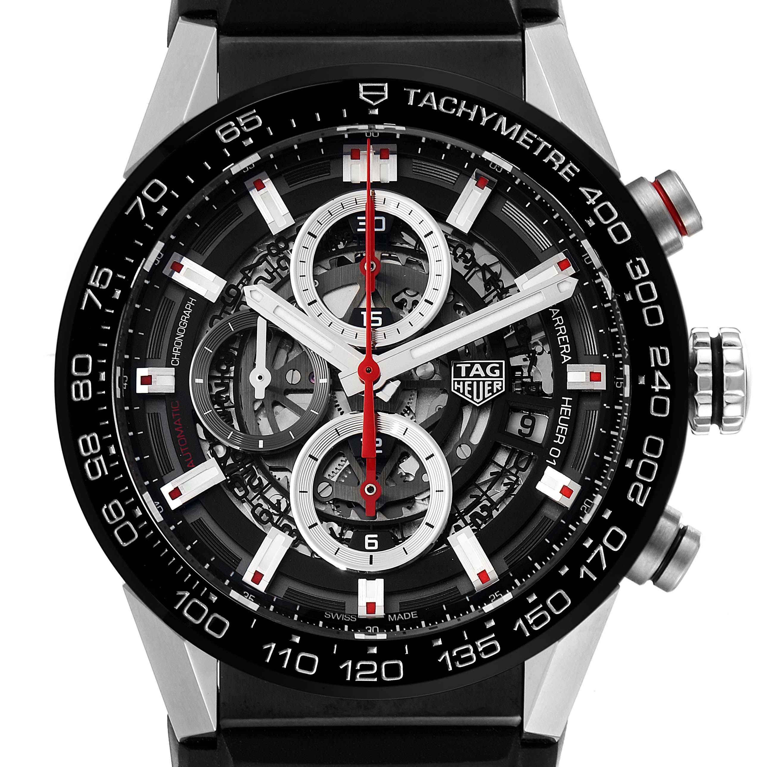 This image shows a frontal view of the Tag Heuer Carrera CAR201V.BA0714 Men's Stainless Steel Black Dial CAR201V.BA0714 Men's Stainless Steel Black Dial watch, displaying its tachymeter bezel, chronograph subdials, and skeleton dial.