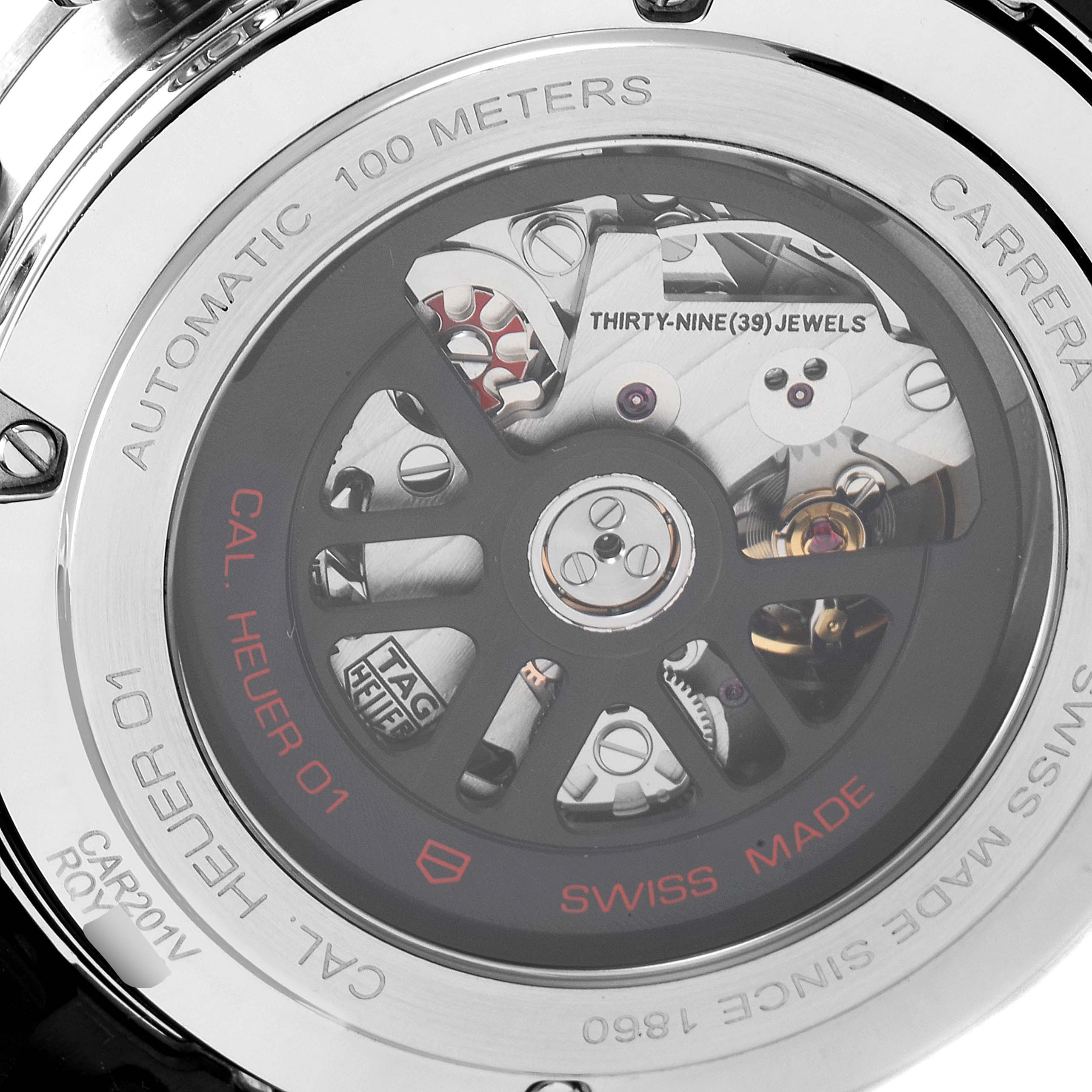 The image shows the back of the Tag Heuer Carrera CAR201V.BA0714 Men's Stainless Steel Black Dial CAR201V.BA0714 Men's Stainless Steel Black Dial watch, displaying its mechanical movement and inscriptions.