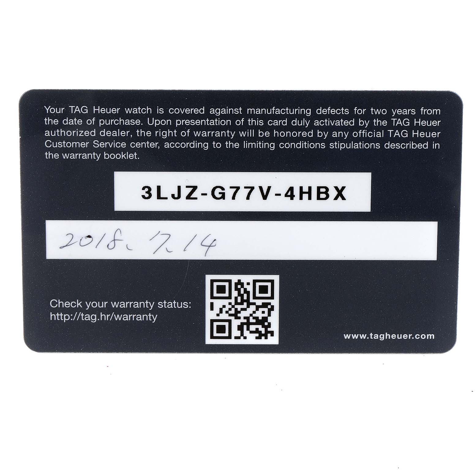 This image shows a warranty card for a Tag Heuer Carrera CAR201V.BA0714 Men's Stainless Steel Black Dial CAR201V.BA0714 Men's Stainless Steel Black Dial model watch.
