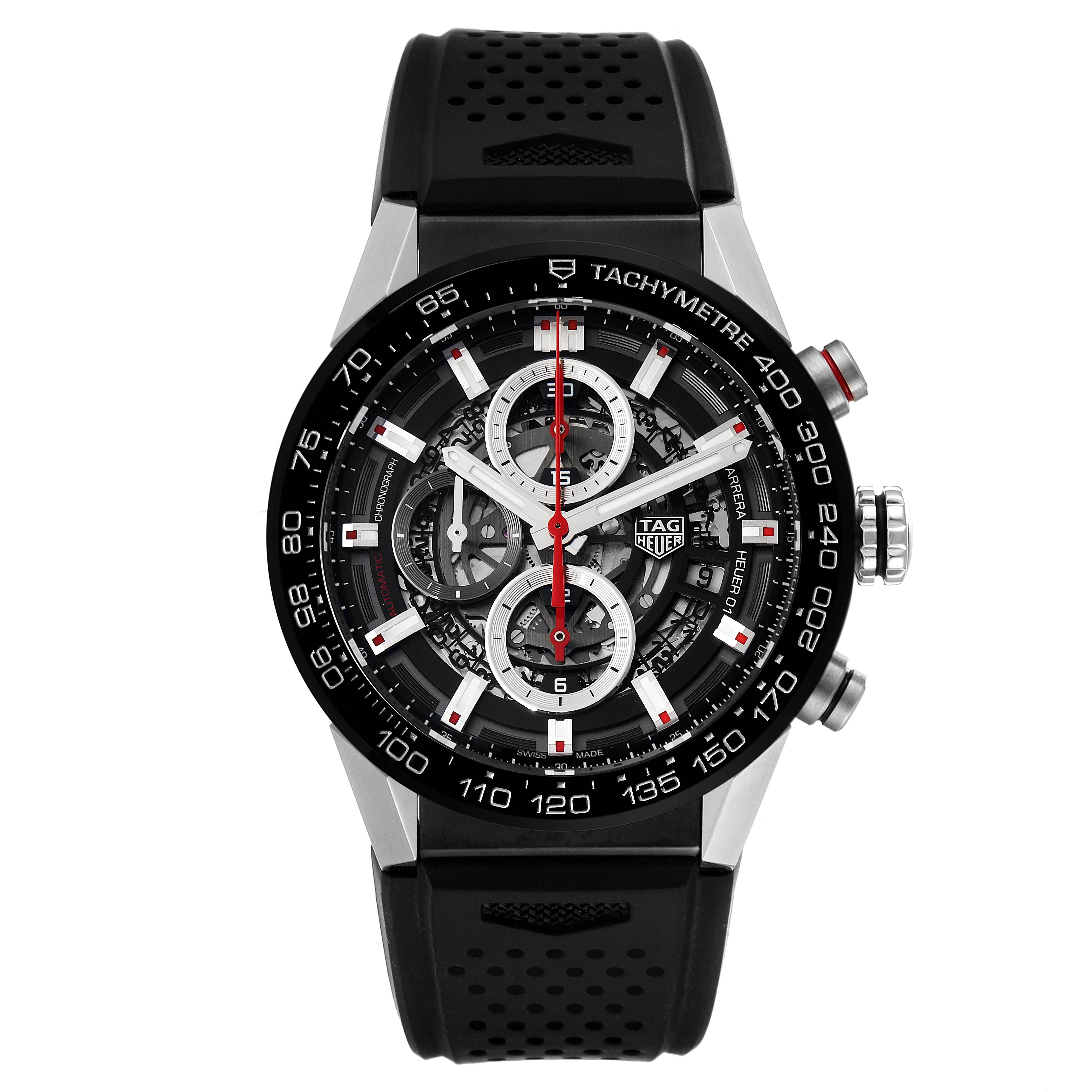 The image shows a frontal view of a Tag Heuer Carrera CAR201V.BA0714 Men's Stainless Steel Black Dial CAR201V.BA0714 Men's Stainless Steel Black Dial model watch, highlighting its black bezel, dial, and rubber strap.