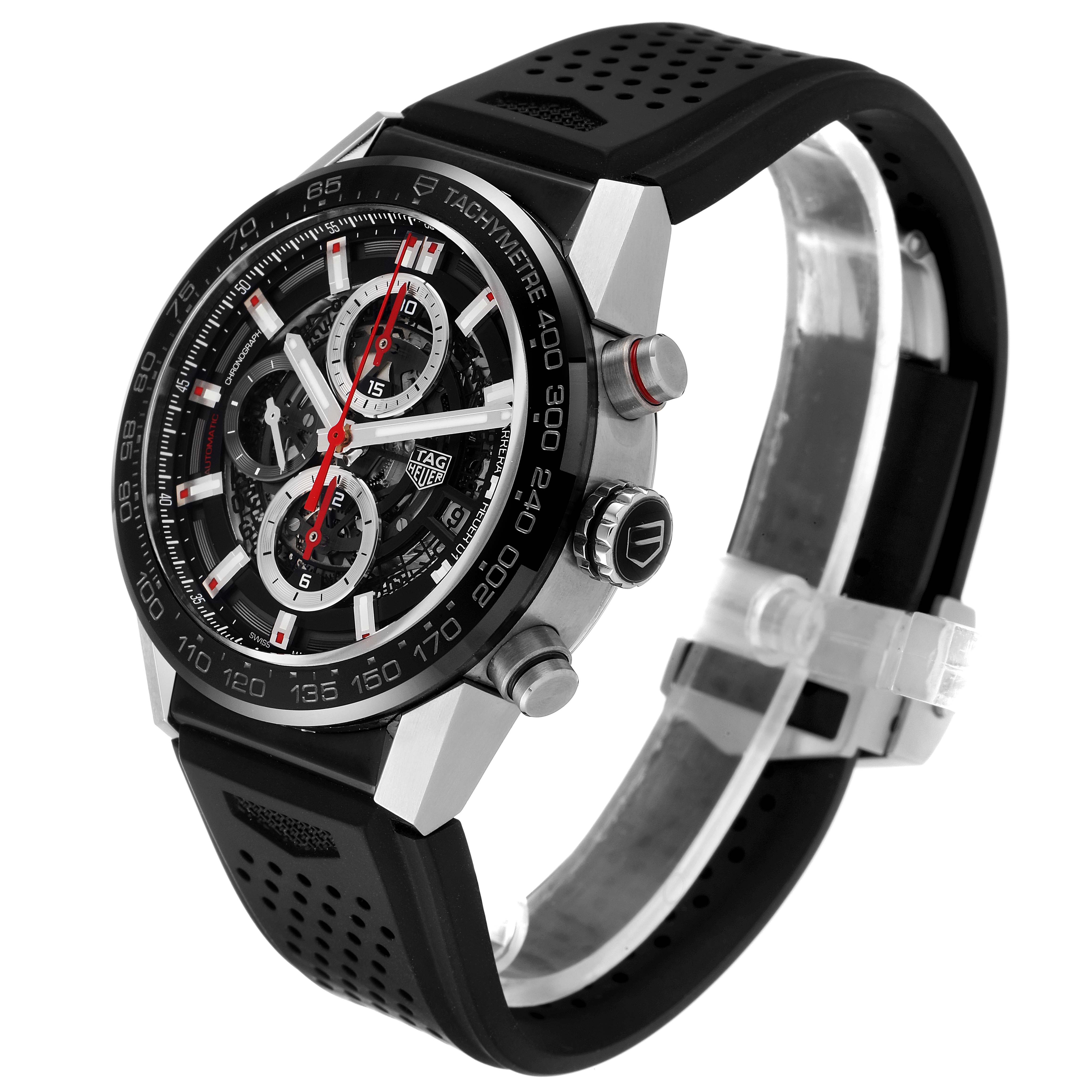 The image shows a side and front angle of the Tag Heuer Carrera CAR201V.BA0714 Men's Stainless Steel Black Dial CAR201V.BA0714 Men's Stainless Steel Black Dial model watch, highlighting the face, bezel, and strap details.