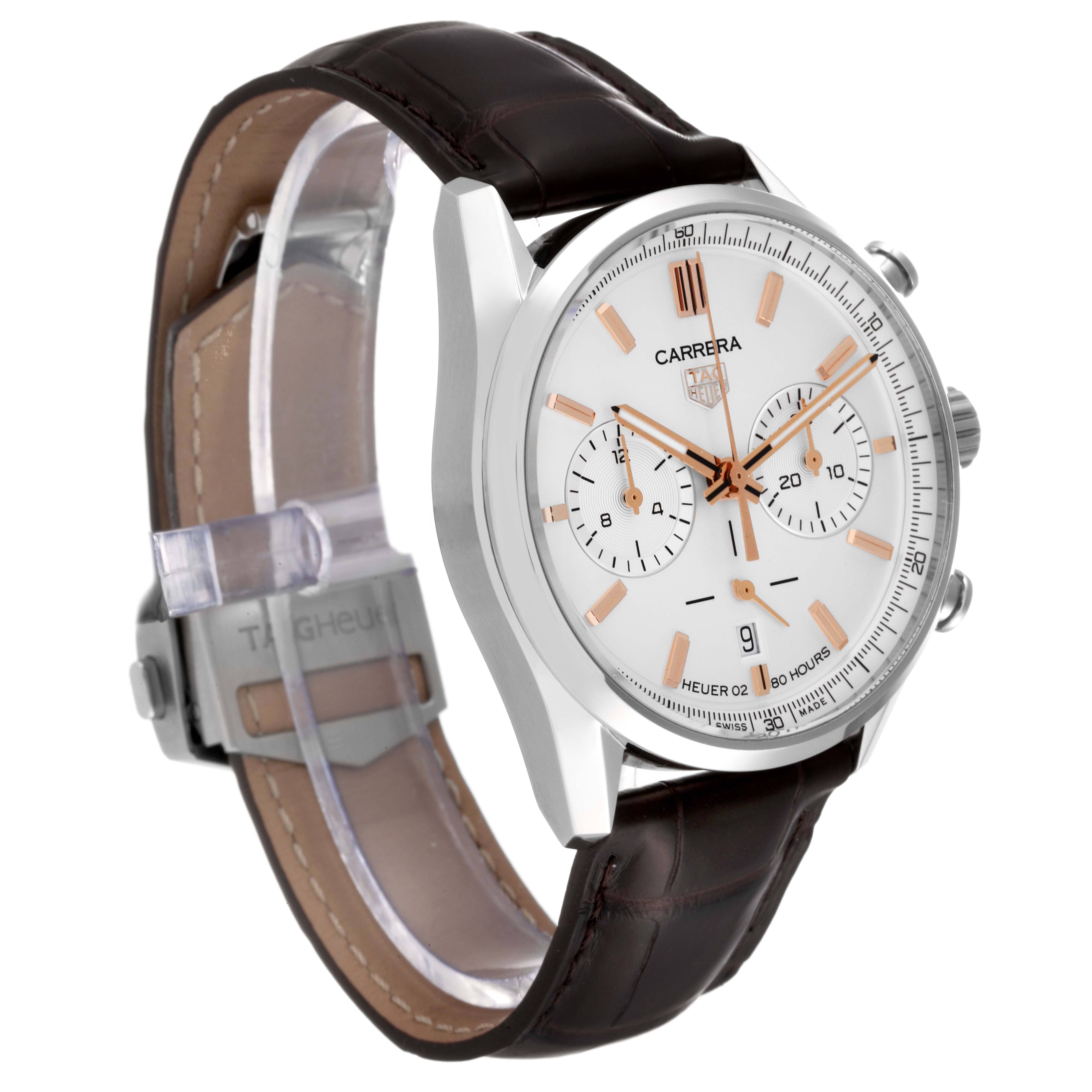 The image shows a Tag Heuer Carrera CBN2013.FC6483 Men's Stainless Steel Silver Dial CBN2013.FC6483 Men's Stainless Steel Silver Dial watch from a front-side angle, displaying the face, crown, dial, and a portion of the leather strap.