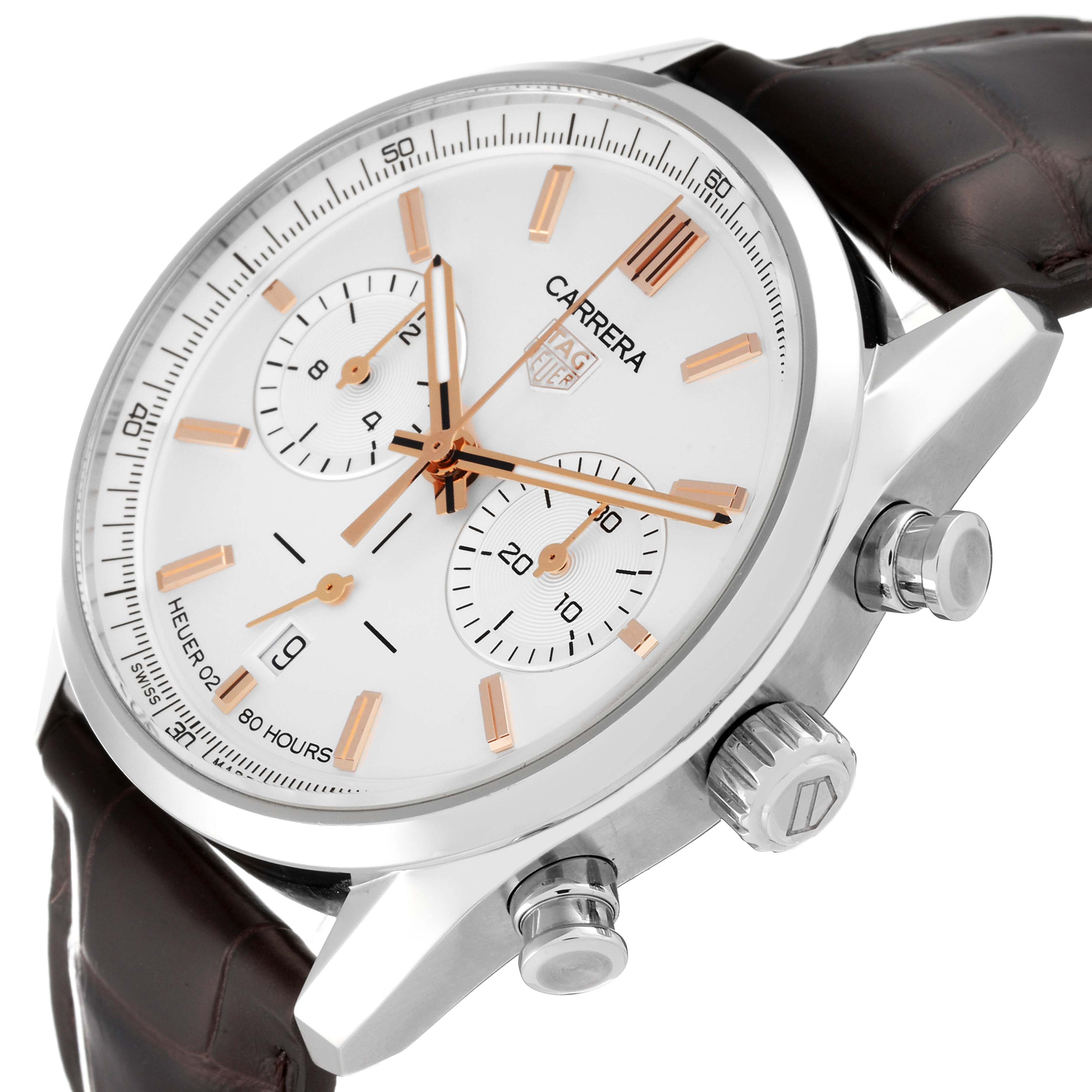 The Carrera model by Tag Heuer is shown at an angled close-up, highlighting the dial, subdials, crown, and pushers.