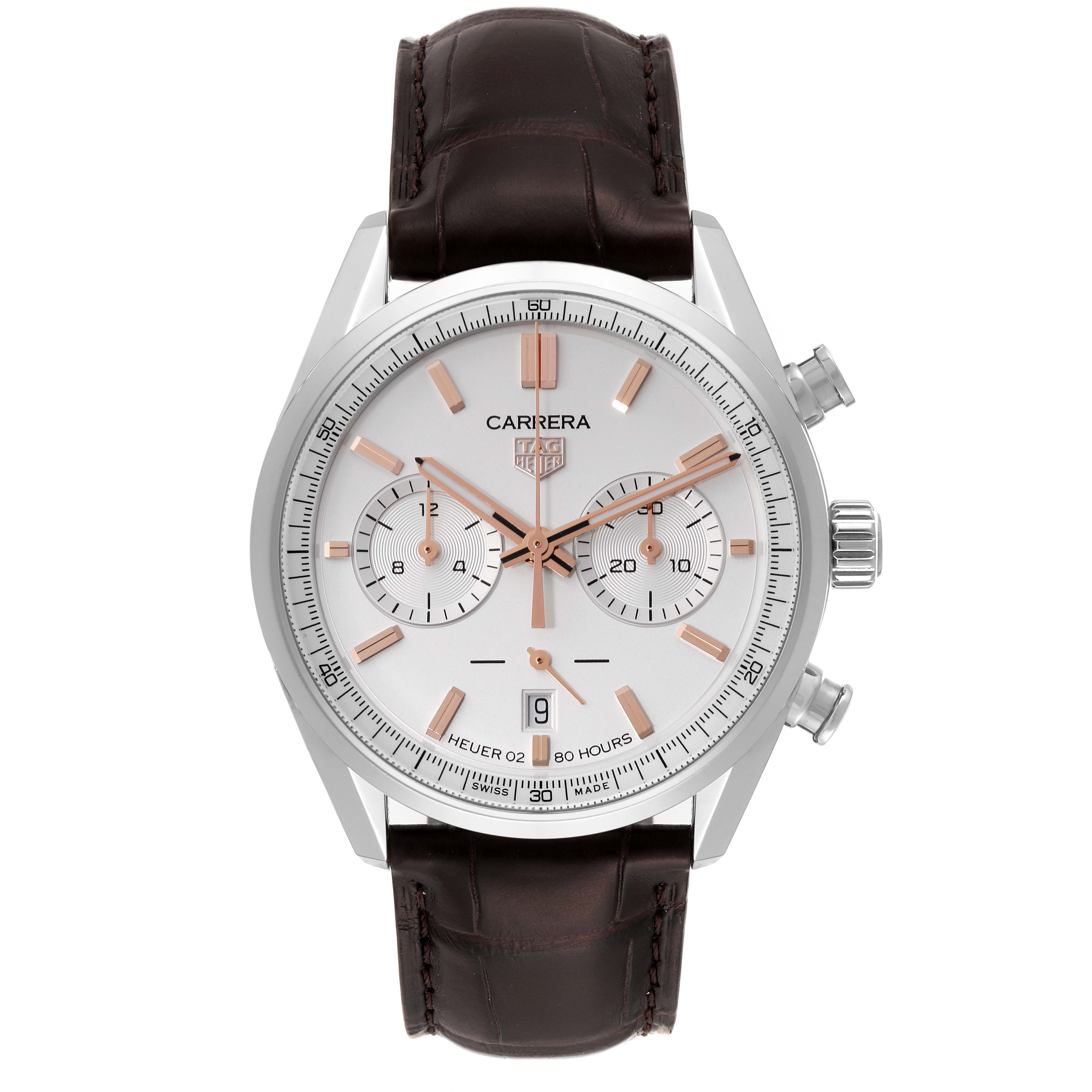 This image shows a front view of the Tag Heuer Carrera CBN2013.FC6483 Men's Stainless Steel Silver Dial CBN2013.FC6483 Men's Stainless Steel Silver Dial watch, including its dial, case, and leather strap.