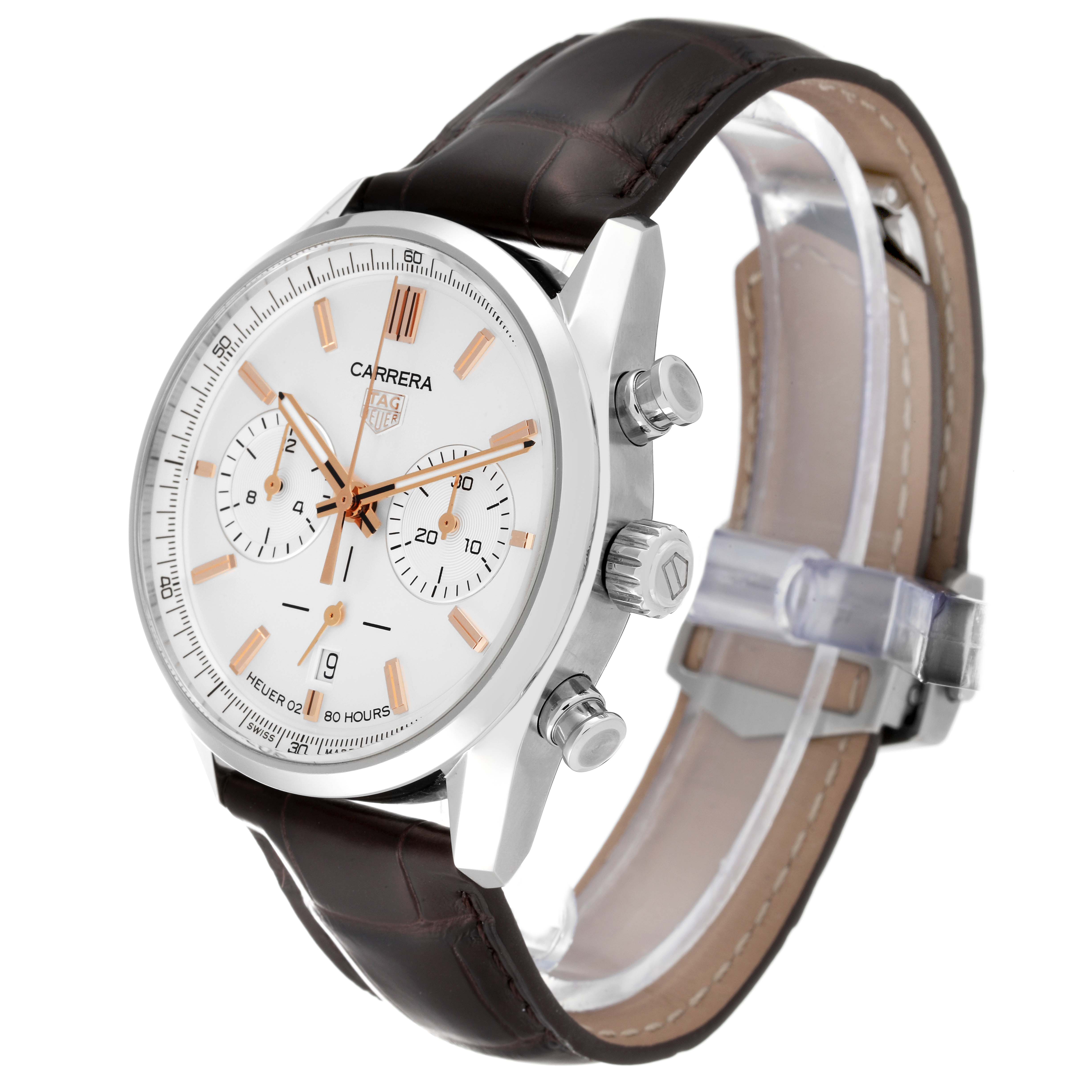 The image shows a Tag Heuer Carrera CBN2013.FC6483 Men's Stainless Steel Silver Dial CBN2013.FC6483 Men's Stainless Steel Silver Dial watch from a side angle, highlighting the dial, crown, chronograph buttons, and leather strap.