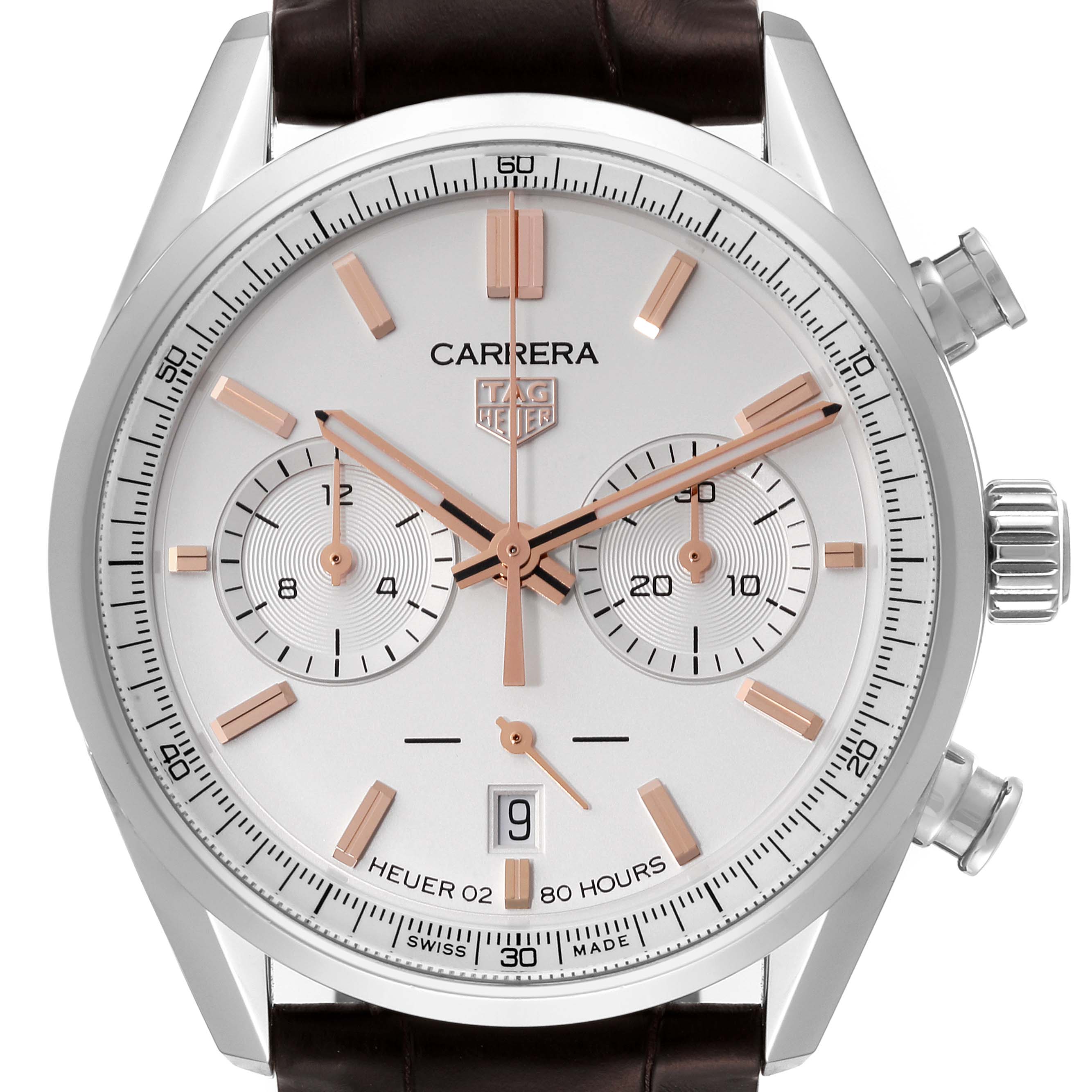 The image shows a frontal view of a Tag Heuer Carrera CBN2013.FC6483 Men's Stainless Steel Silver Dial CBN2013.FC6483 Men's Stainless Steel Silver Dial watch, displaying its dial, subdials, hands, crown, and pushers.