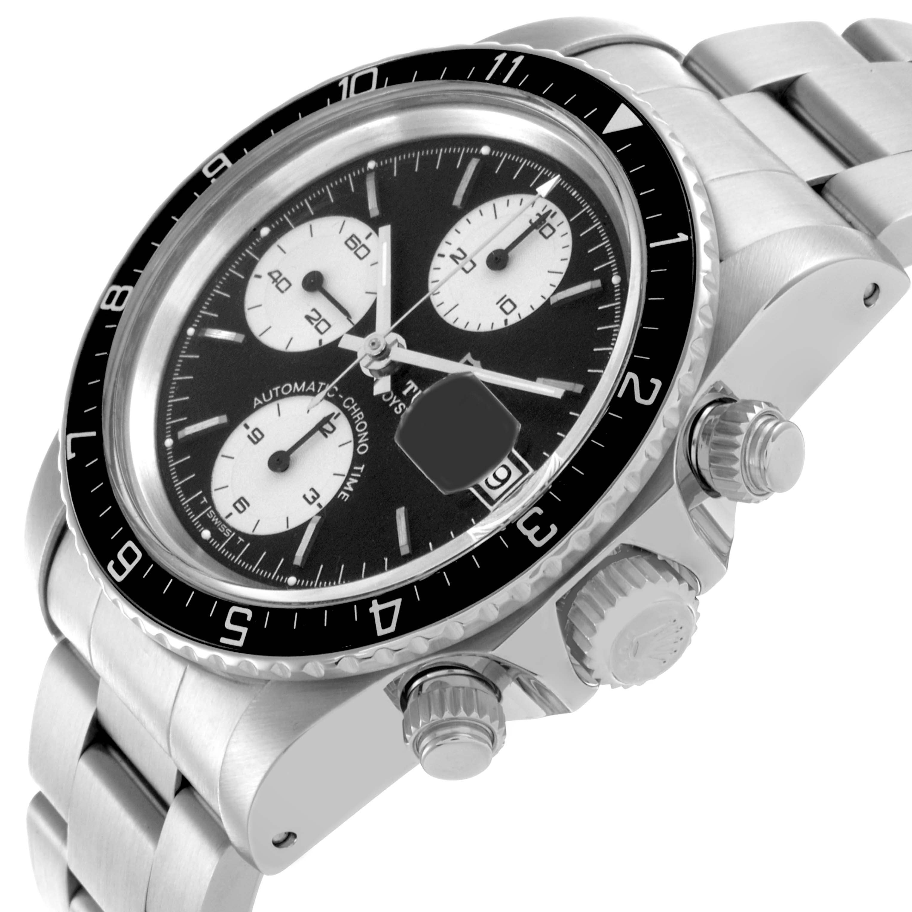 The Tudor Big Block 79170 Men's Stainless Steel Black Dial 79170 Men's Stainless Steel Black Dial watch is shown at an angle highlighting the face, bezel, crown, and pushers.